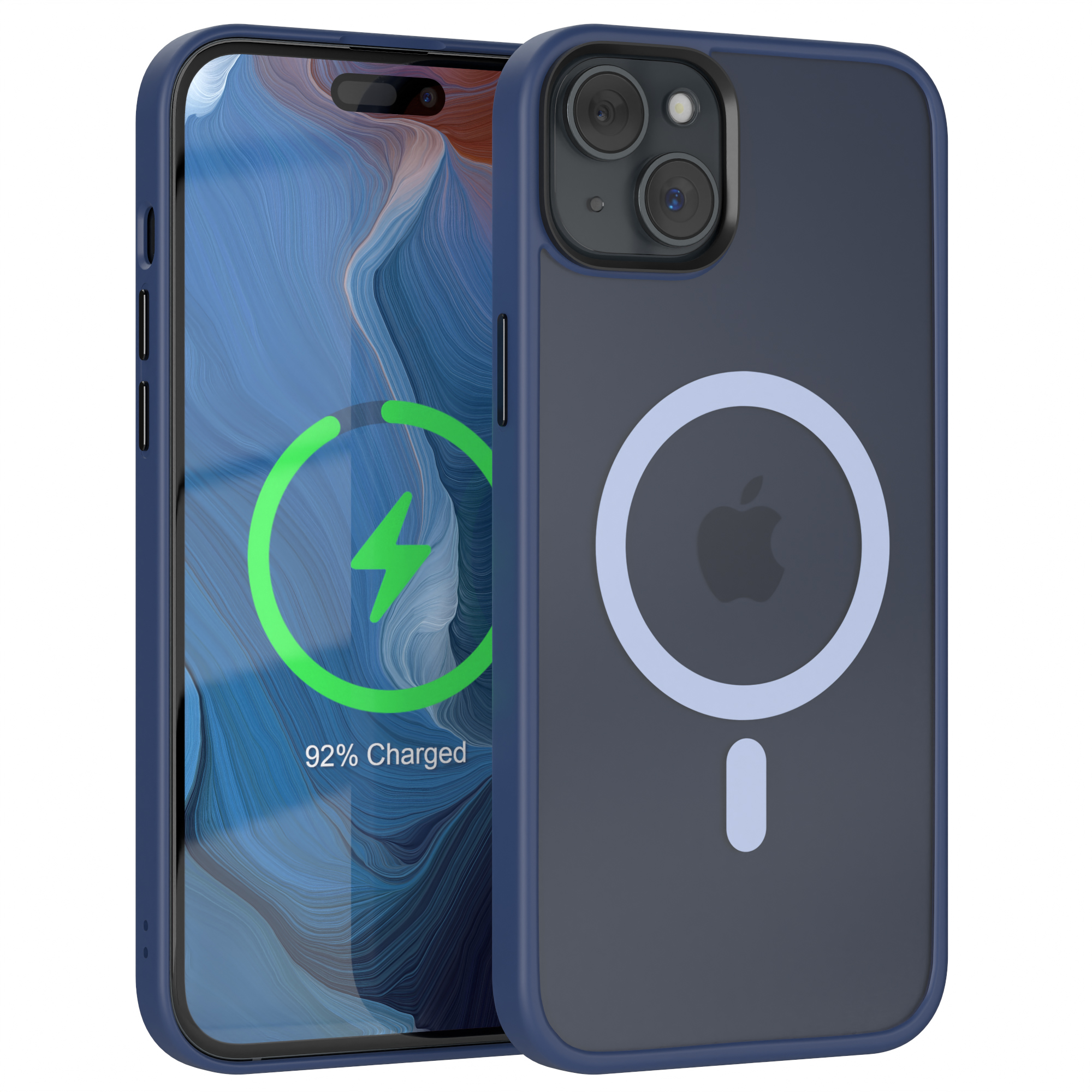 Eine blaue Handyhülle mit weißem Apple-Logo und ein Telefon, das ein Ladesymbol anzeigt.