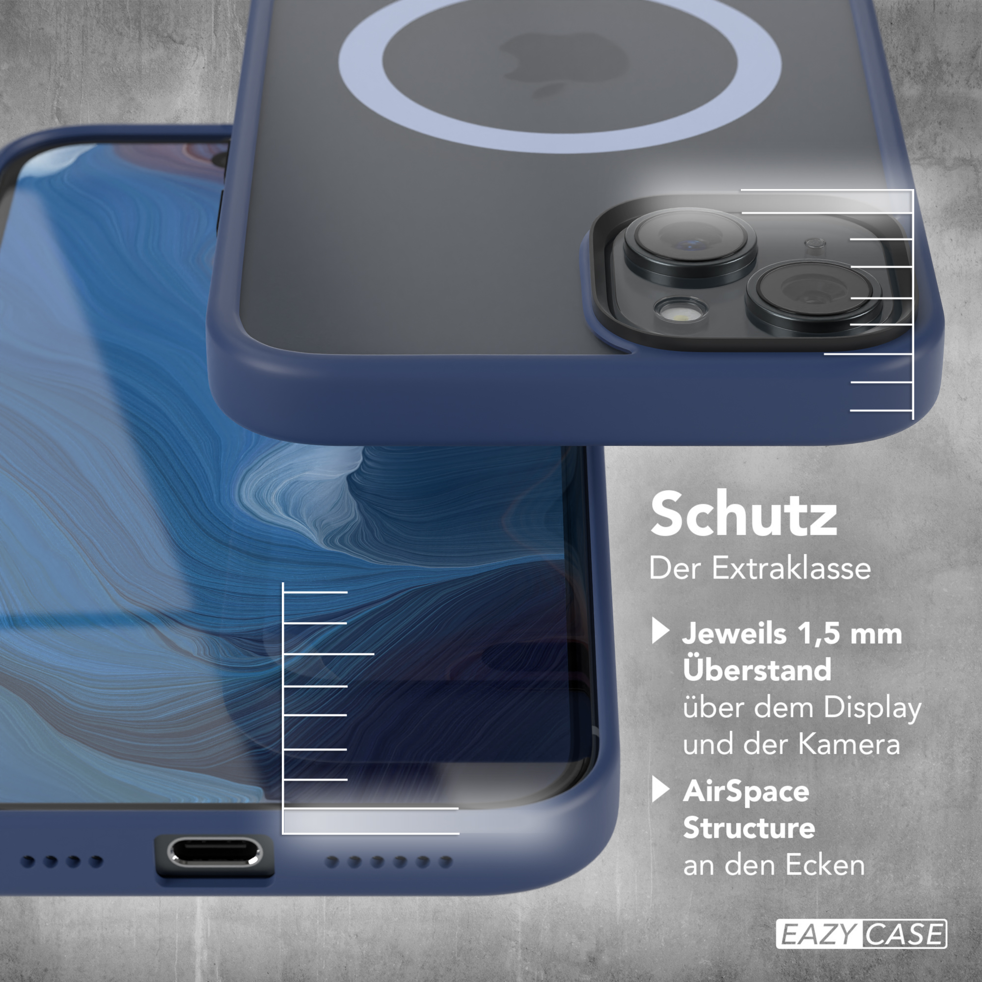 Telefon in einer blauen Hülle, Nahaufnahme der Kanten und Schutzdetails, auf strukturiertem Hintergrund.
