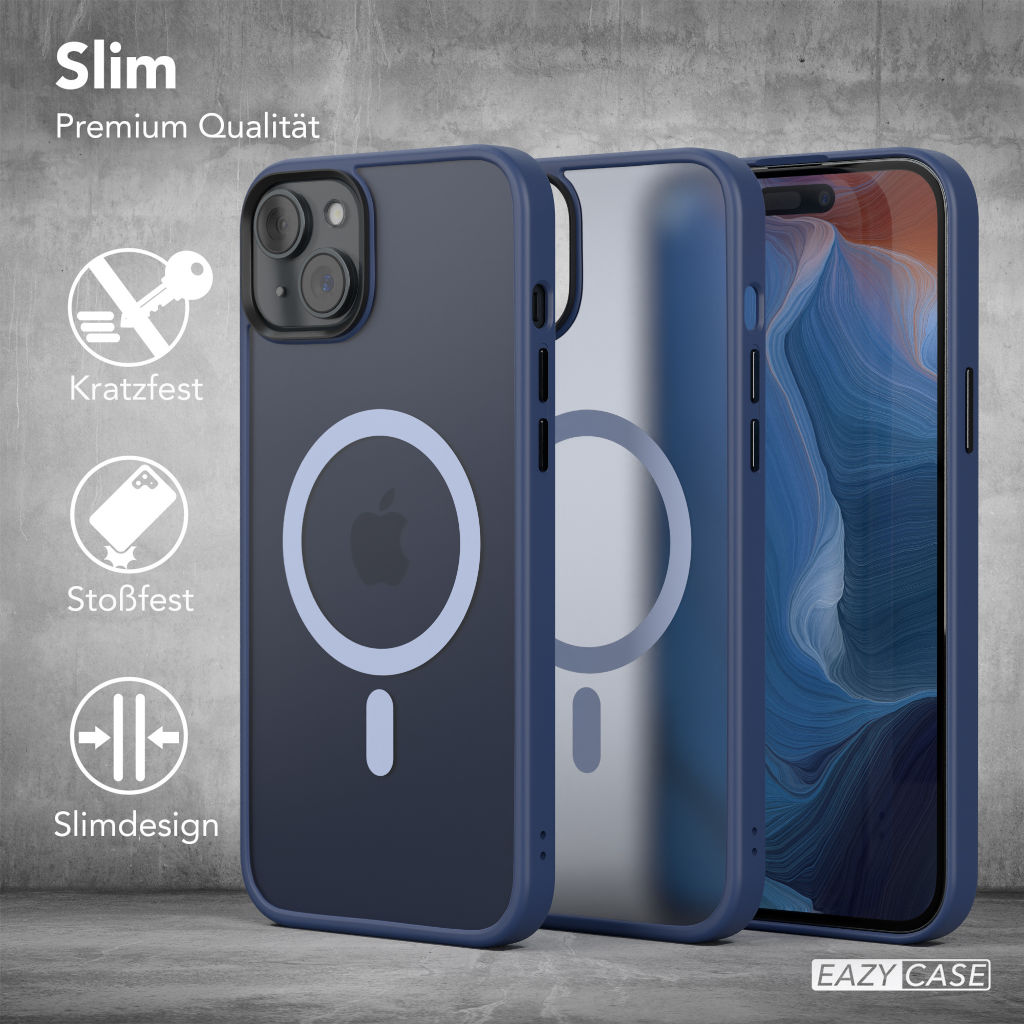 Drei Handyhüllen mit Symbolen für Kratzfestigkeit, Stoßfestigkeit und schlankes Design. Eazy Case Logo.