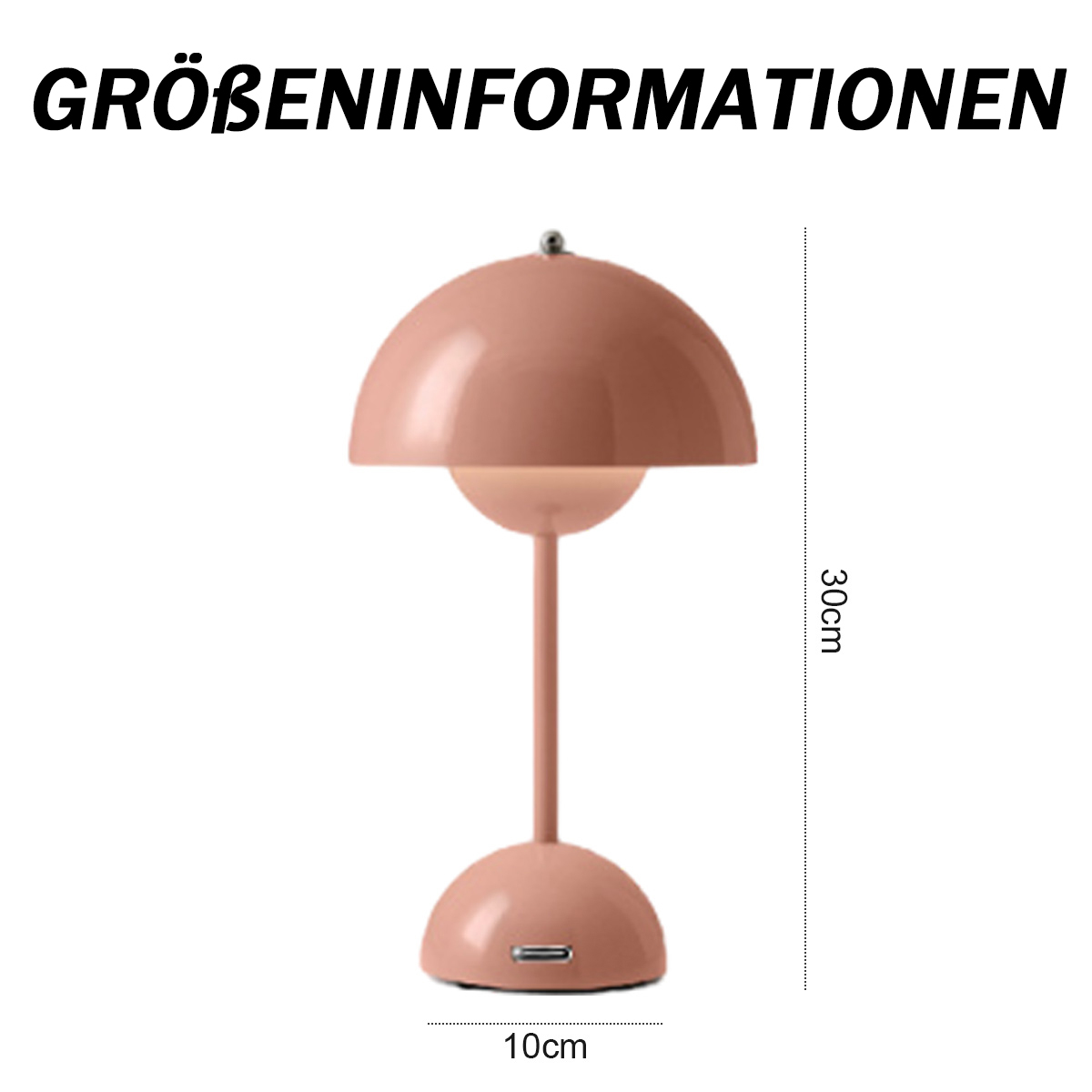 Rosafarbene Tischlampe mit rundem Schirm. Sie hat einen kreisförmigen Fuß und einen Stiel, mit Größenangaben.
