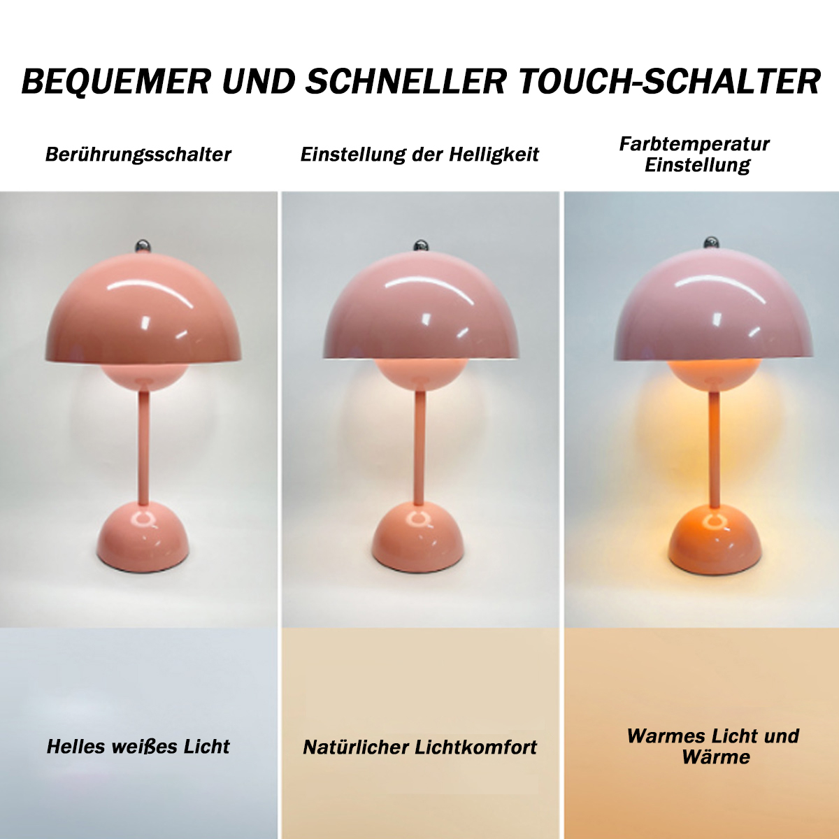 Drei rosa Lampen zeigen verschiedene Lichteinstellungen: hellweiß, natürlich und warm. Die Lampen stehen auf einem Tisch.
