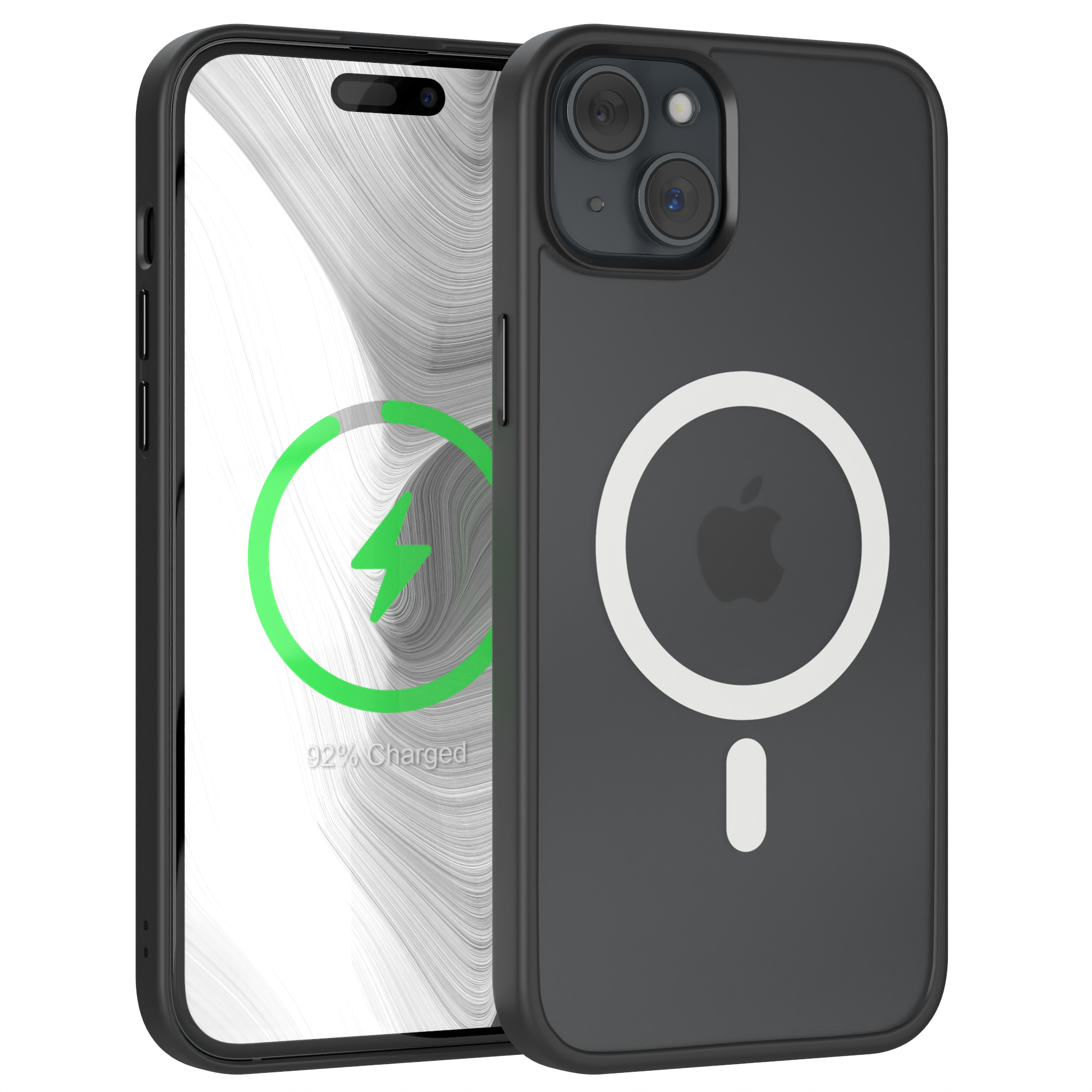 Schwarzes Telefon mit Hülle, zeigt grünes Ladesymbol. Weißes Apple-Logo auf der Rückseite.