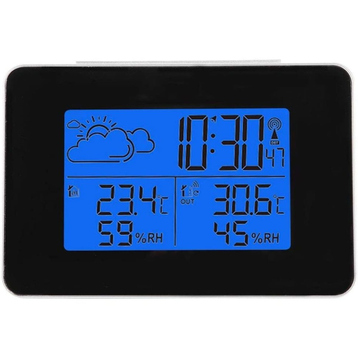 Digitaluhr mit der Uhrzeit 10:30, Wetter- und Temperatur-/Feuchtigkeitsmesswerten vor schwarzem Rahmen.