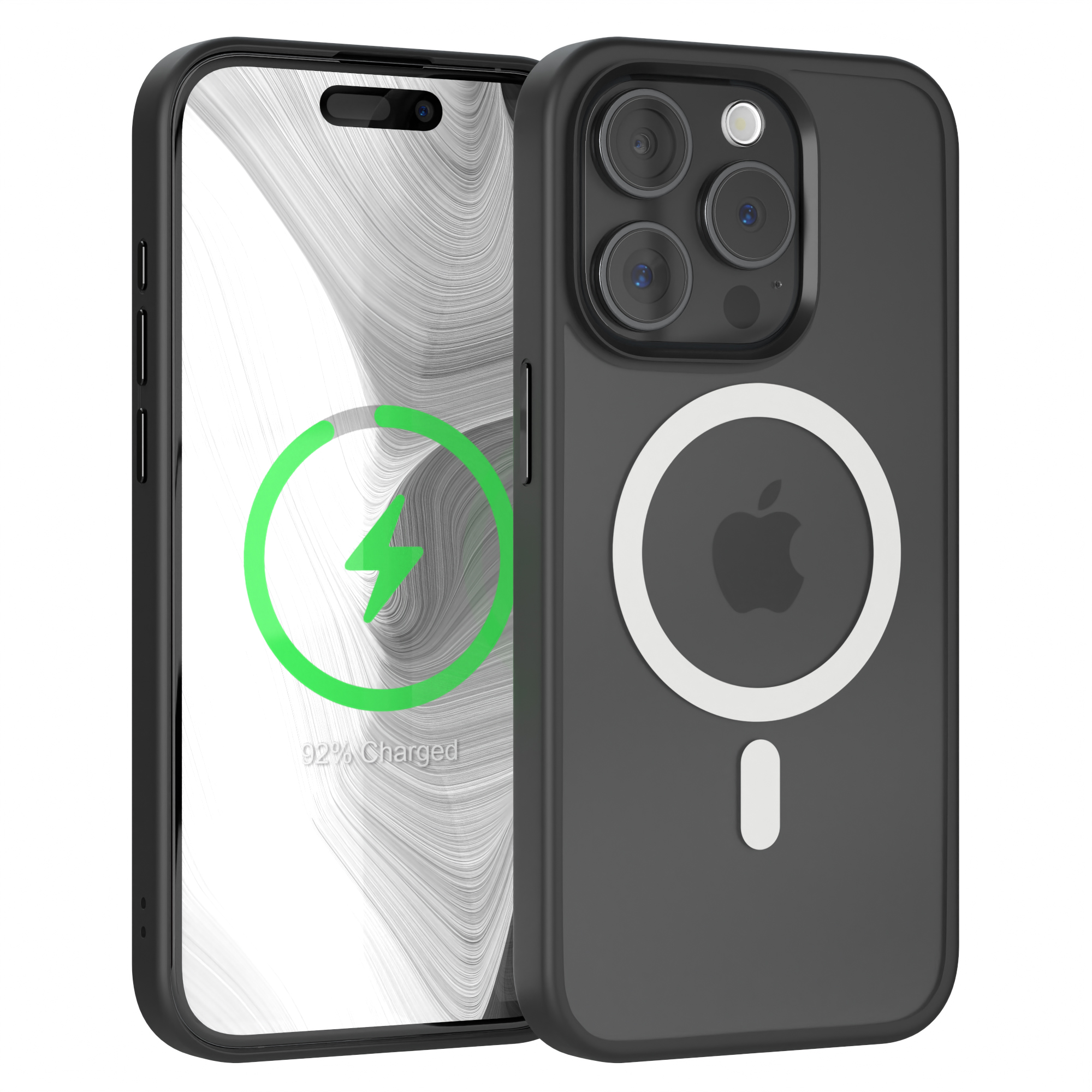 Ein schwarzes Telefon mit Ladeanzeige in einer schwarz-weißen Hülle.