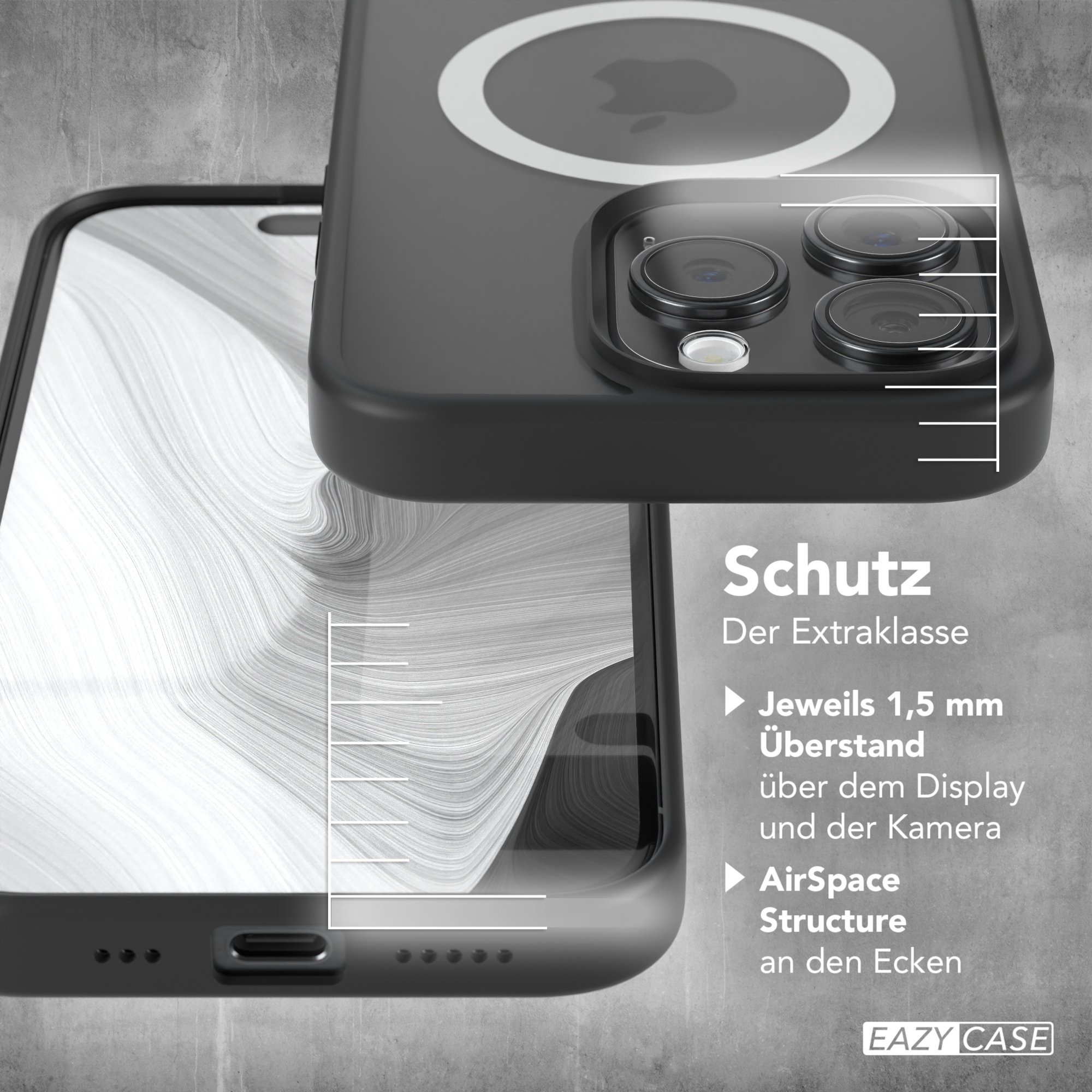 Handyhülle mit Telefon. Die Hülle ist transparent und schwarz. Text über Schutz.