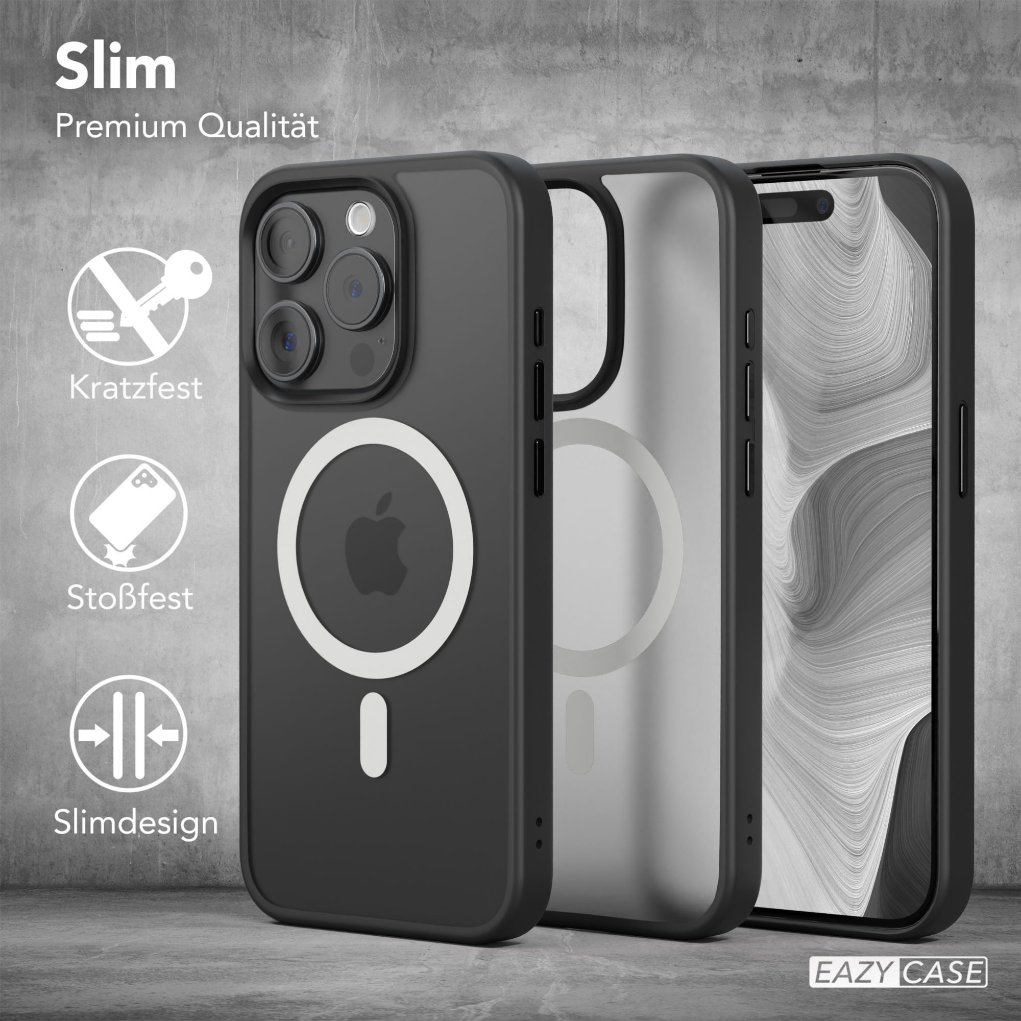 Schwarze Handyhülle mit weißem Apple-Logo. Hülle wird in drei Teilen gezeigt.