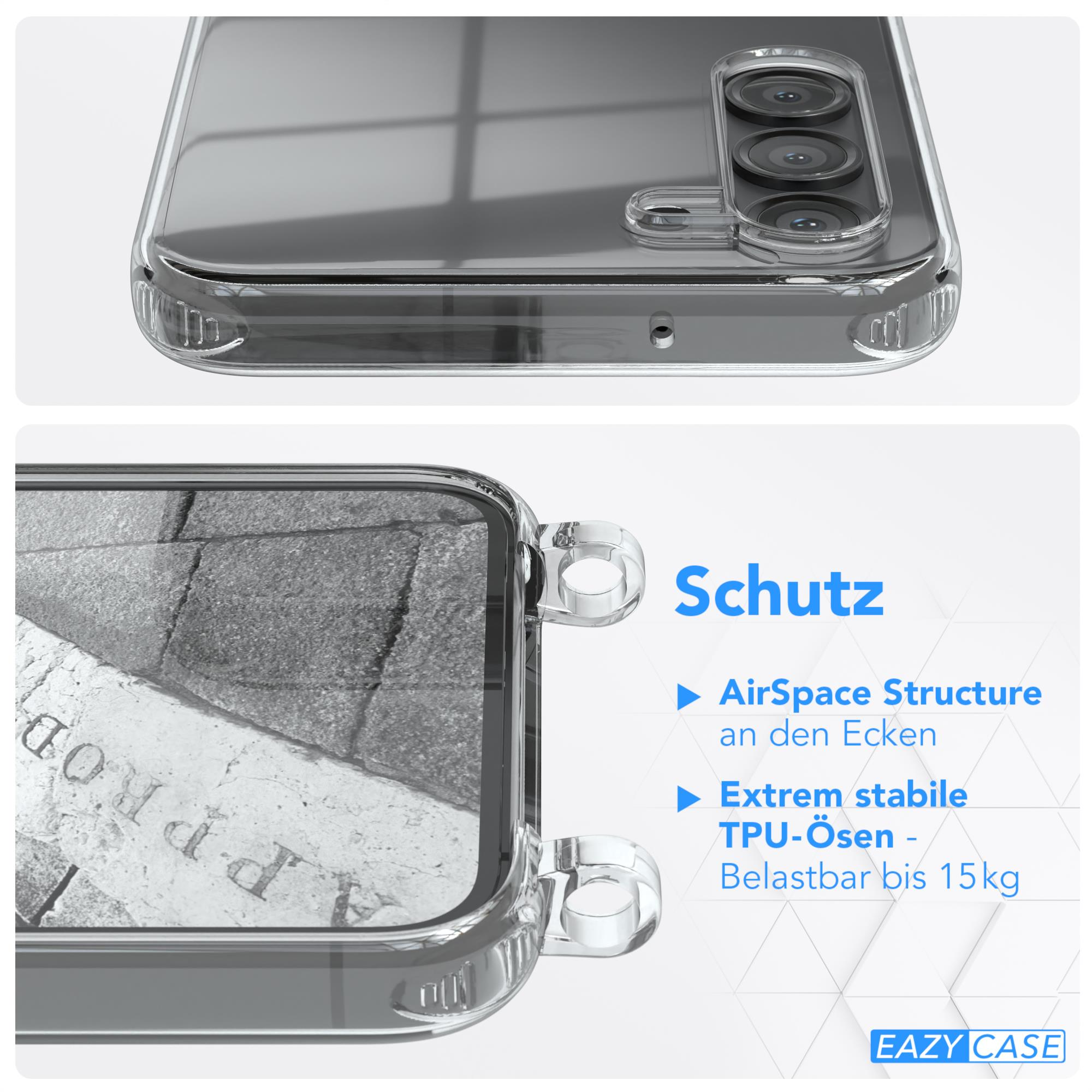 Transparente Handyhülle auf Oberfläche mit Text. Hülle hat Schutzfunktionen, Nahaufnahme.