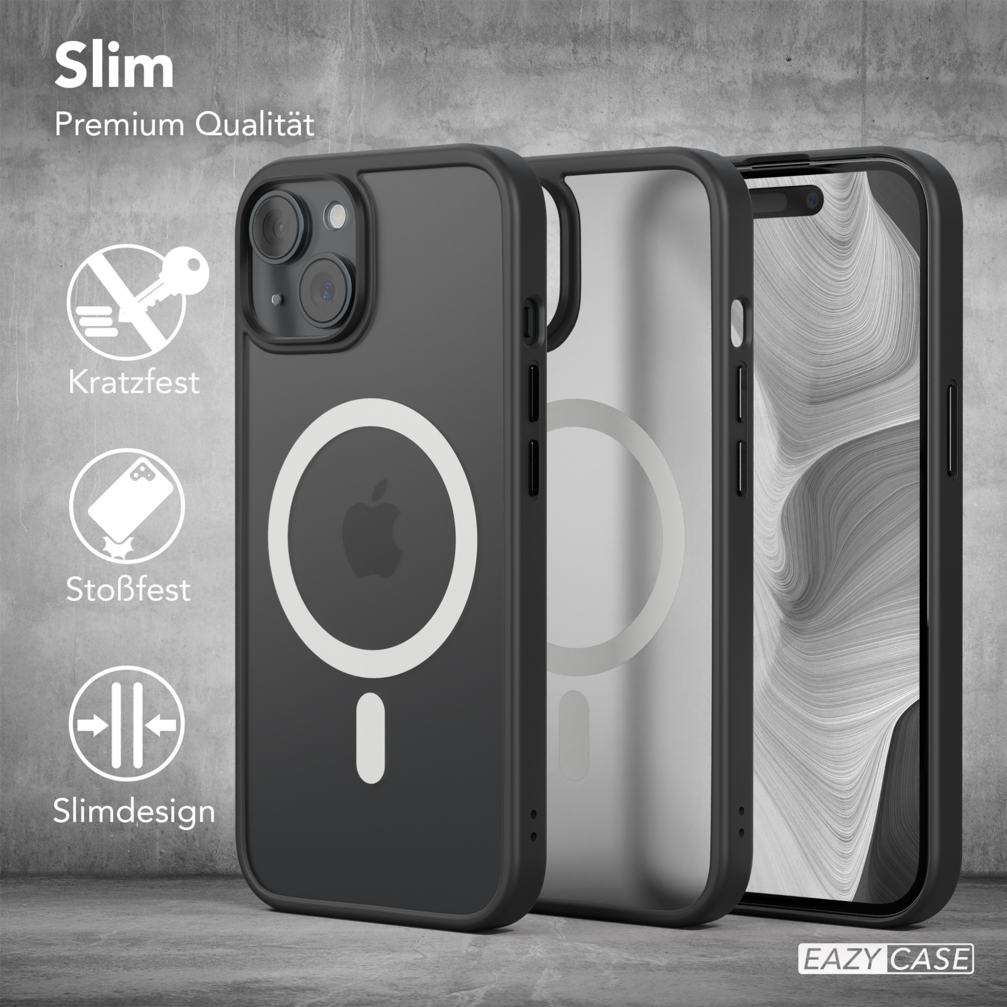 Schwarze Handyhüllen mit Merkmalen. Die Hüllen zeigen Schlüssel, Sturz und schlankes Design.