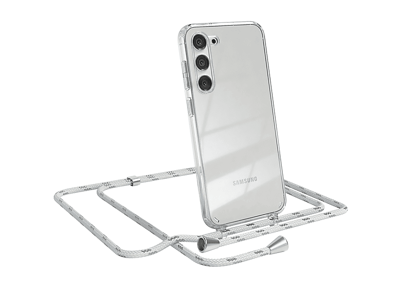 EAZY CASE Clear Cover mit Umhängeband, Umhängetasche, Samsung, Galaxy S23 Plus, Weiß / Clips Silber