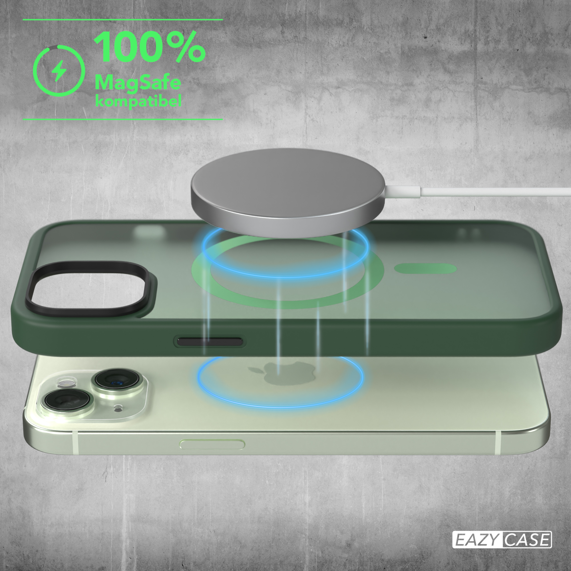 Eine Handyhülle mit Telefon. Eine Scheibe zum Aufladen ist magnetisch befestigt.