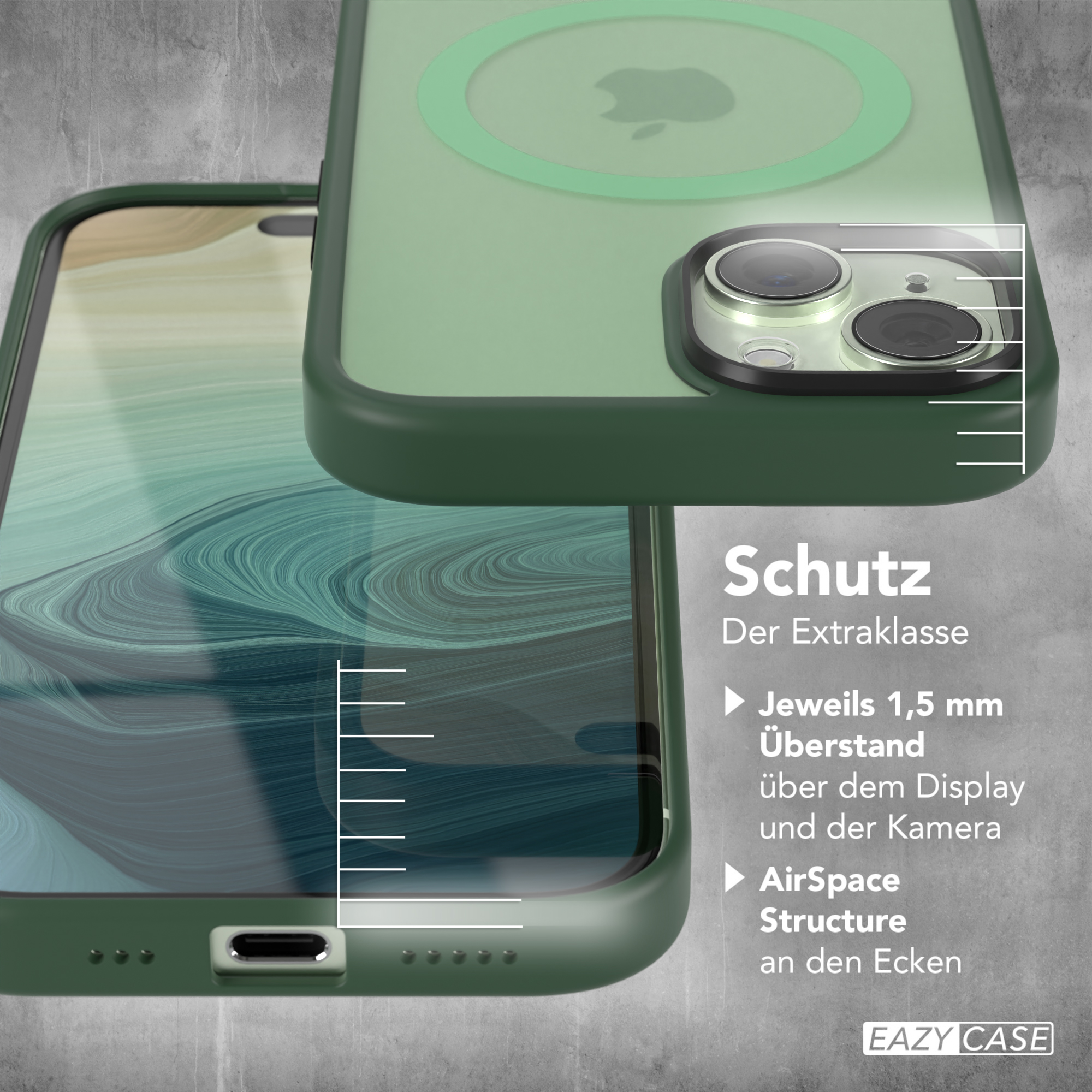 Grüne Handyhülle auf einem Telefon, Text zeigt Schutzfunktionen und Details.