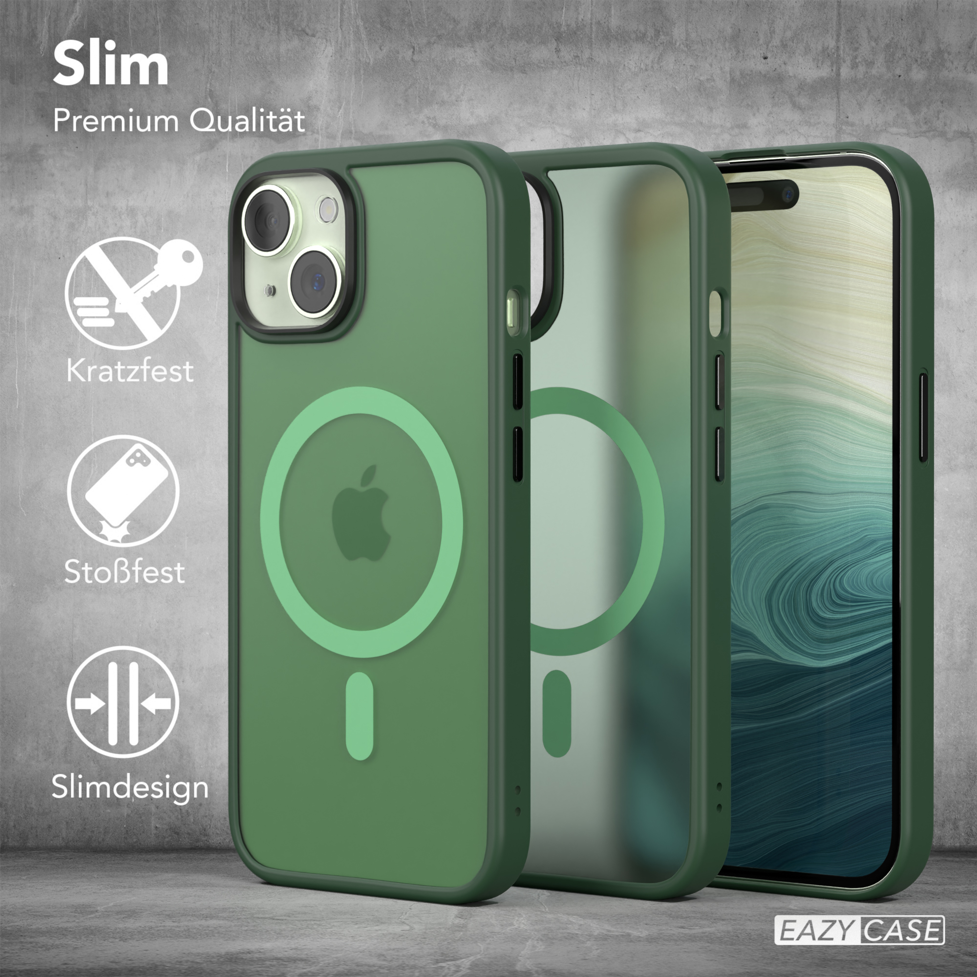 Drei grüne Handyhüllen. Eine auf einem Telefon, eine leer, eine mit Merkmalen: kratz-, stoßfest, schlankes Design.