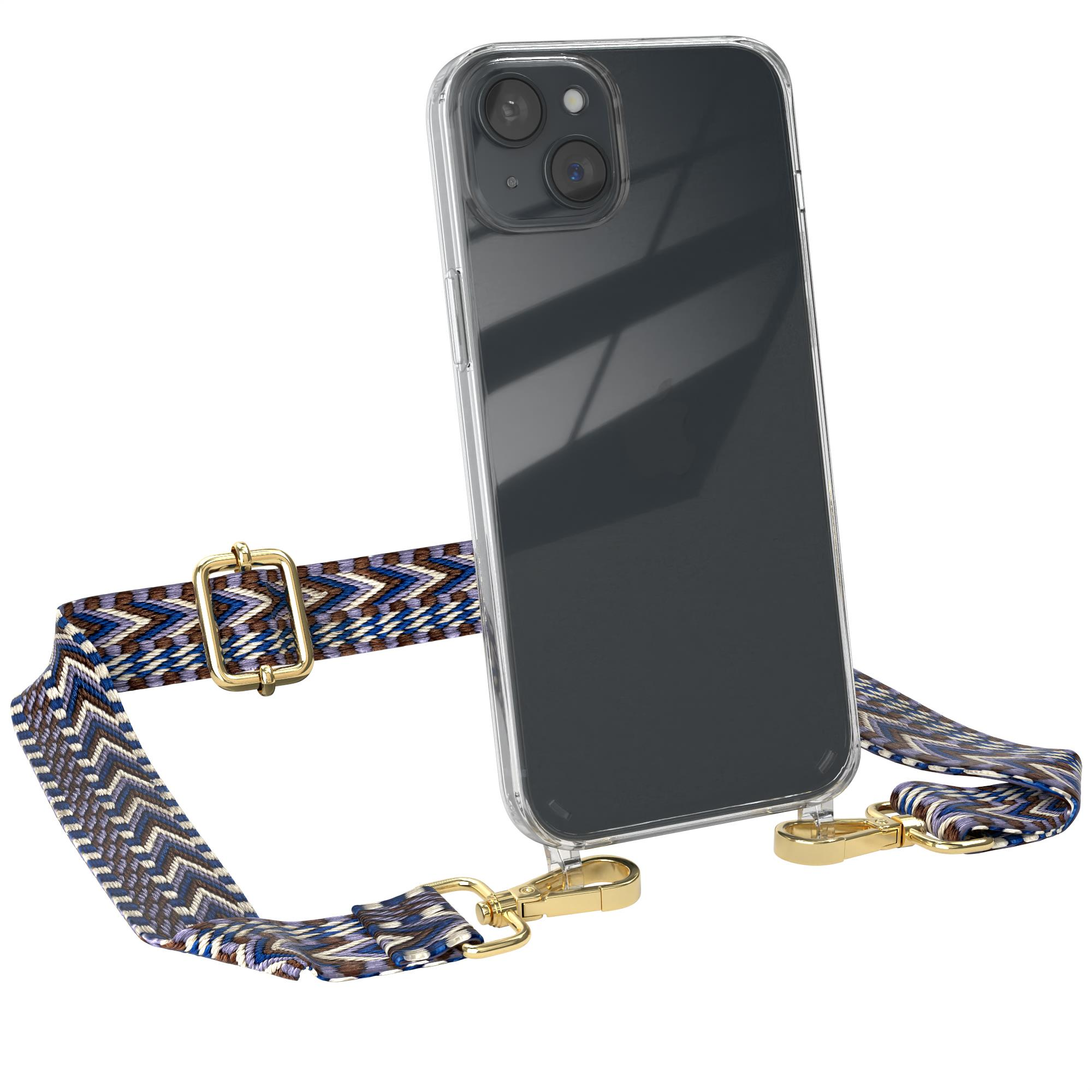 EAZY CASE Transparente Handyhülle Plus, Umhängetasche, iPhone Apple, Boho mit Blau Kordel Weiß 15 Style, 