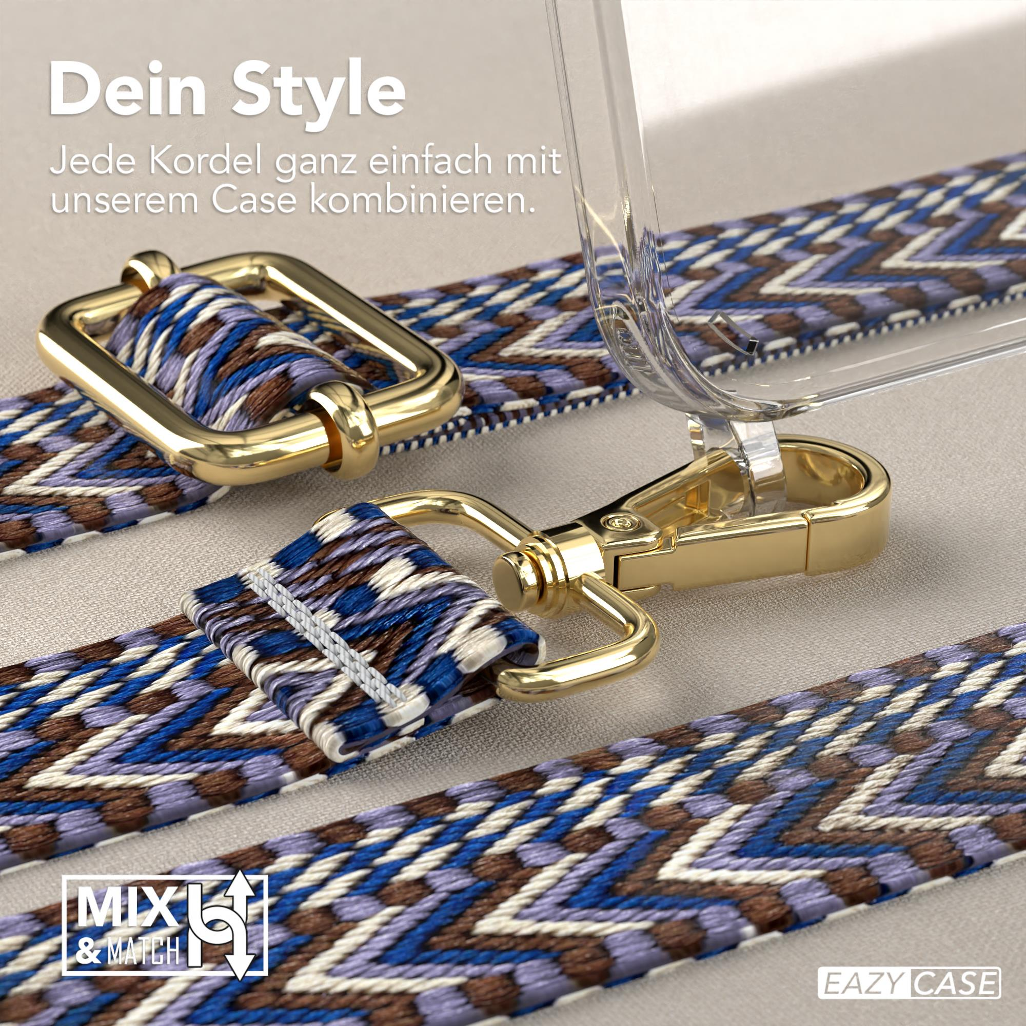 Nahaufnahme von Telefonriemen und Hülle. Goldfarbene Metallteile. Blaues und braunes Gewebe, Zickzackmuster.
