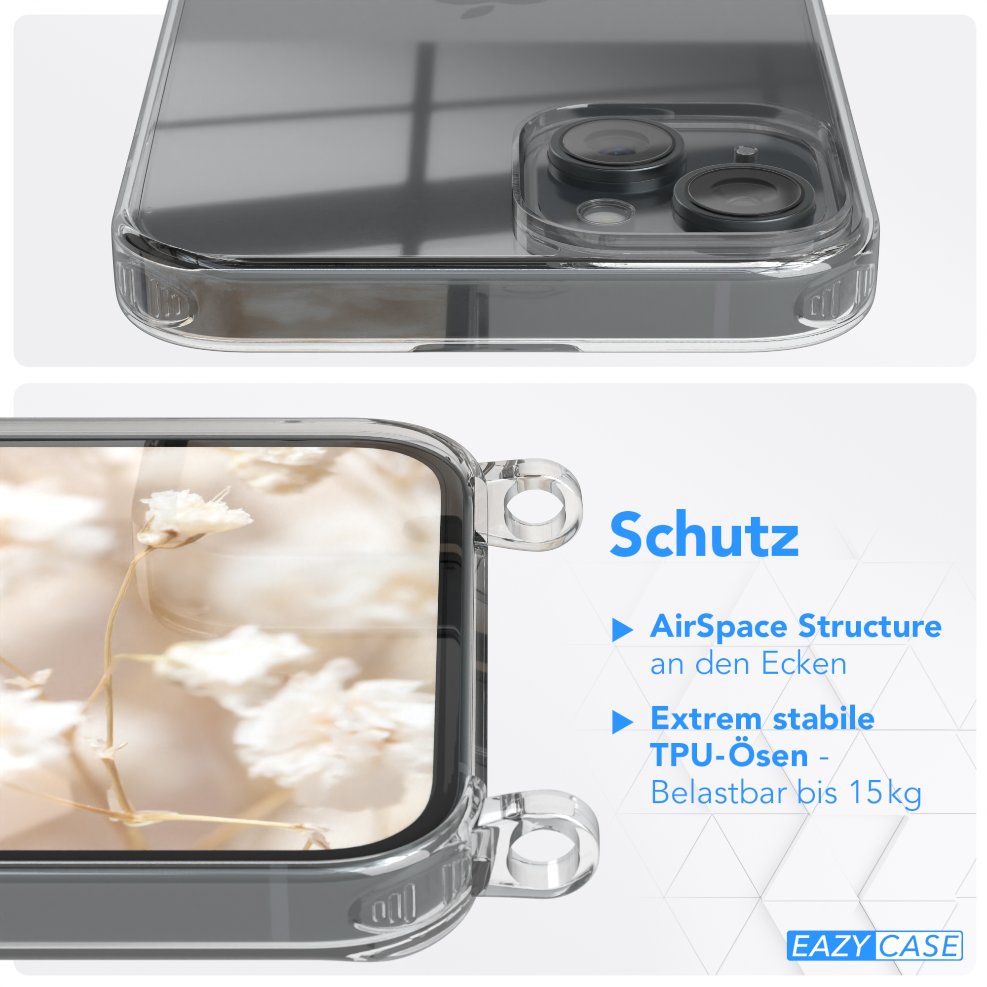EAZY CASE Transparente Handyhülle Plus, Umhängetasche, iPhone Apple, Boho mit Blau Kordel Weiß 15 Style, 