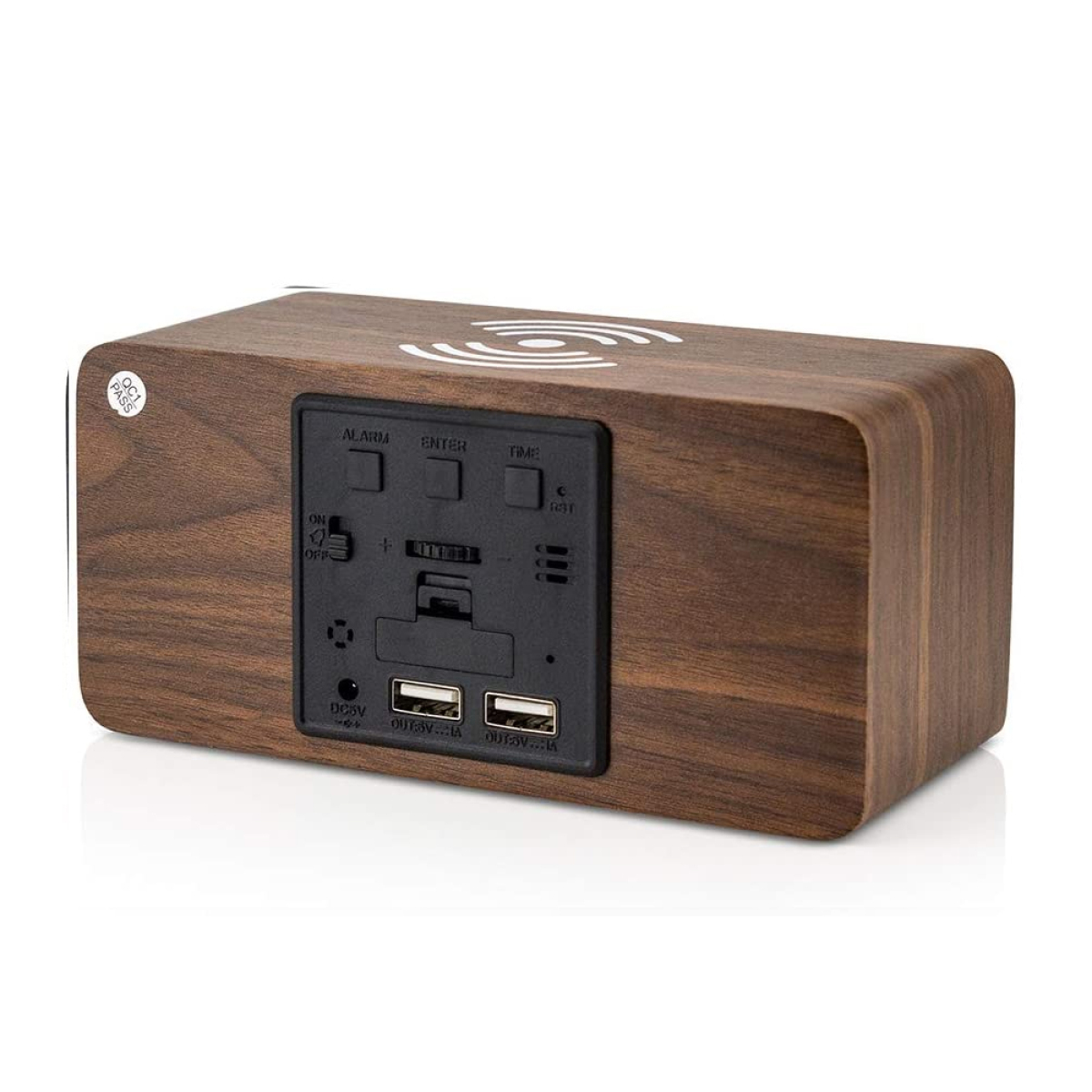 Ein hölzerner Wecker. Er hat eine Digitalanzeige mit Uhrzeit und Temperatur. Er hat Knöpfe und USB-Anschlüsse.