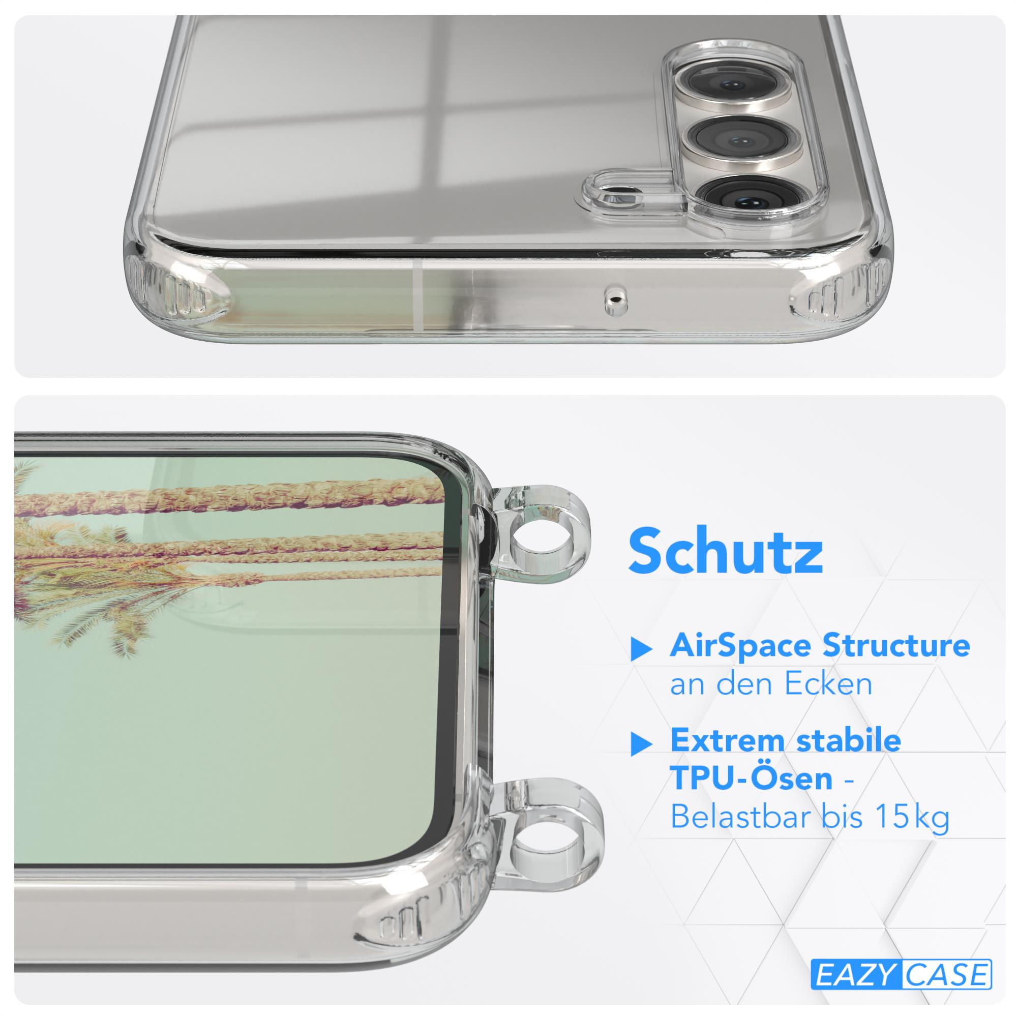 Transparente Handyhülle, Telefon darin, mit Text und blauem Hintergrund.
