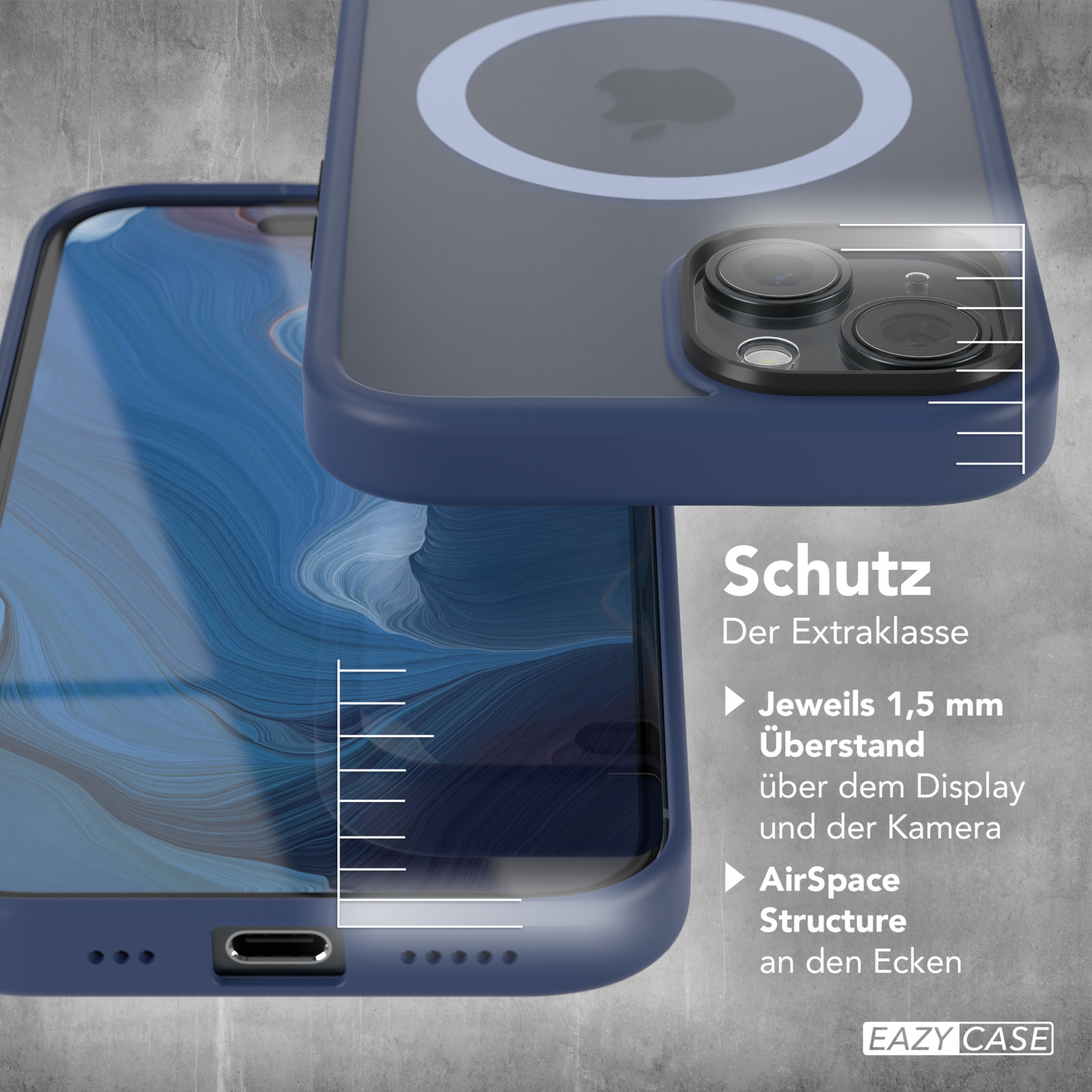 Eine blaue Handyhülle mit weißem Kreis, zeigt Abmessungen und Text.
