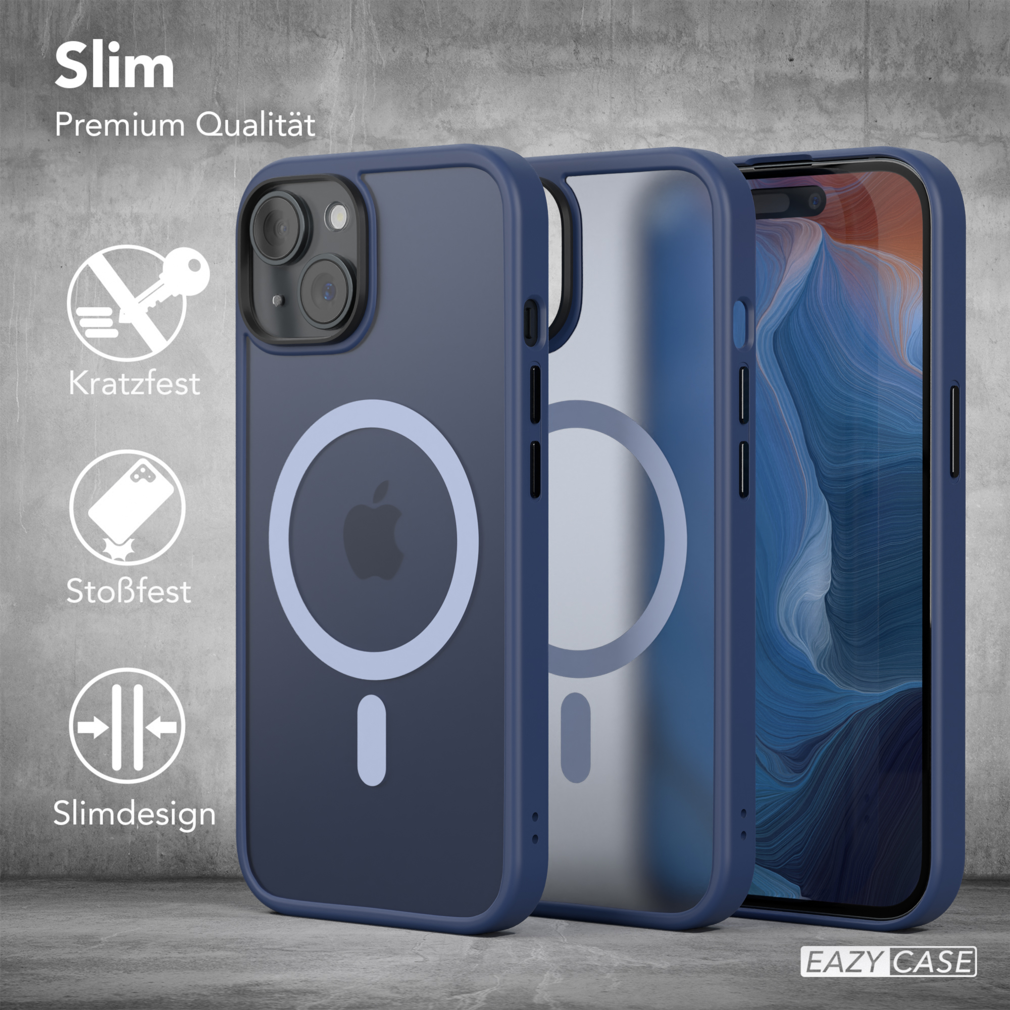 Blaue Handyhülle mit Apple-Logo, zusammen mit zwei weiteren Hüllen platziert. Text links: Schlank, kratzfest, stoßfest.