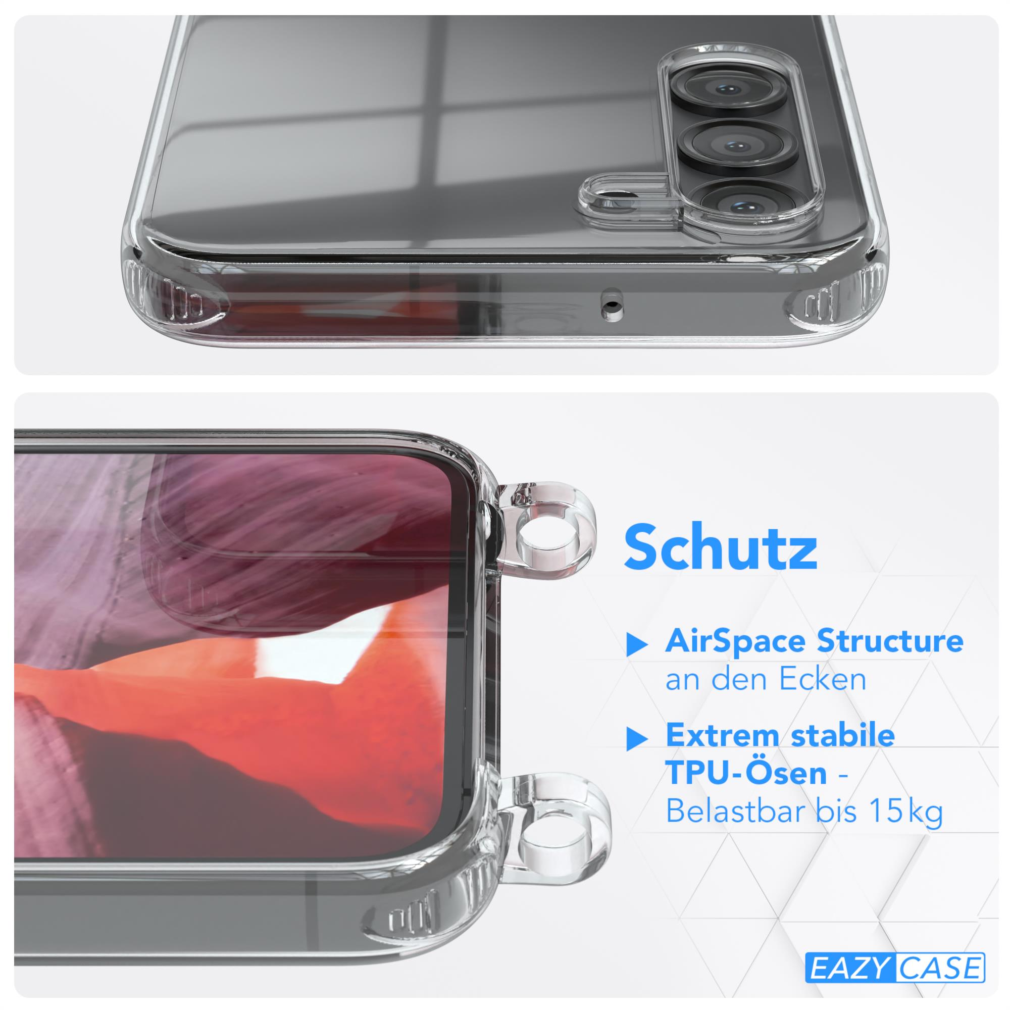 Nahaufnahme einer Handyhülle mit Telefon darin, mit hervorgehobenen Funktionen und Text.
