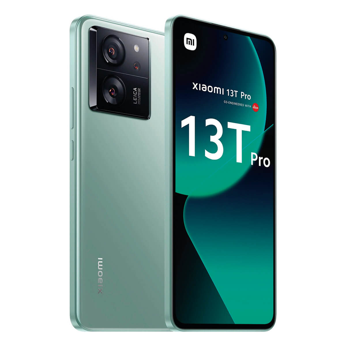 Minzgrünes Xiaomi 13T Pro Telefon, Rückseite und Vorderseite mit Leica-Branding.