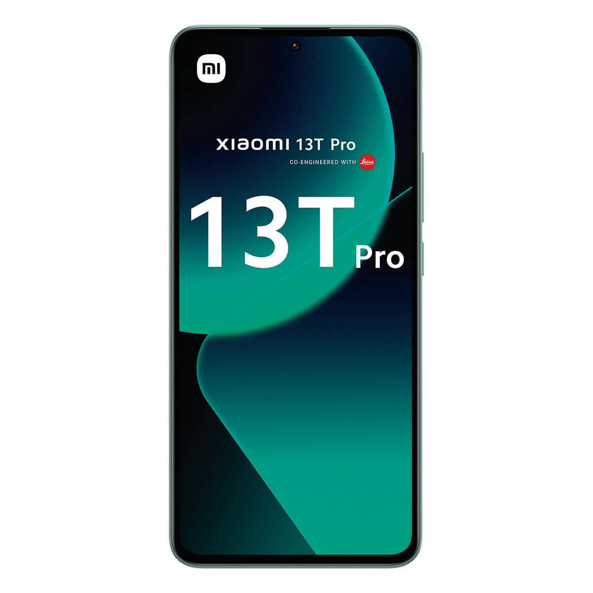 Xiaomi 13T Pro Smartphone, türkisfarbener Bildschirm mit dem Namen des Telefons. Weißer Hintergrund.