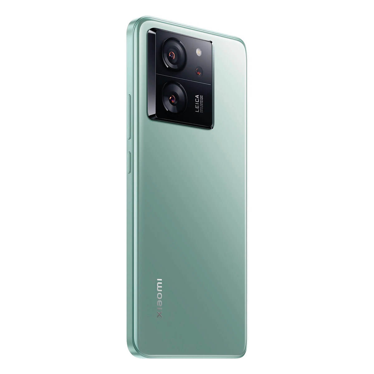 Ein mintgrünes Smartphone mit Dual-Kamera-Setup, Leica-Logo, vor weißem Hintergrund.