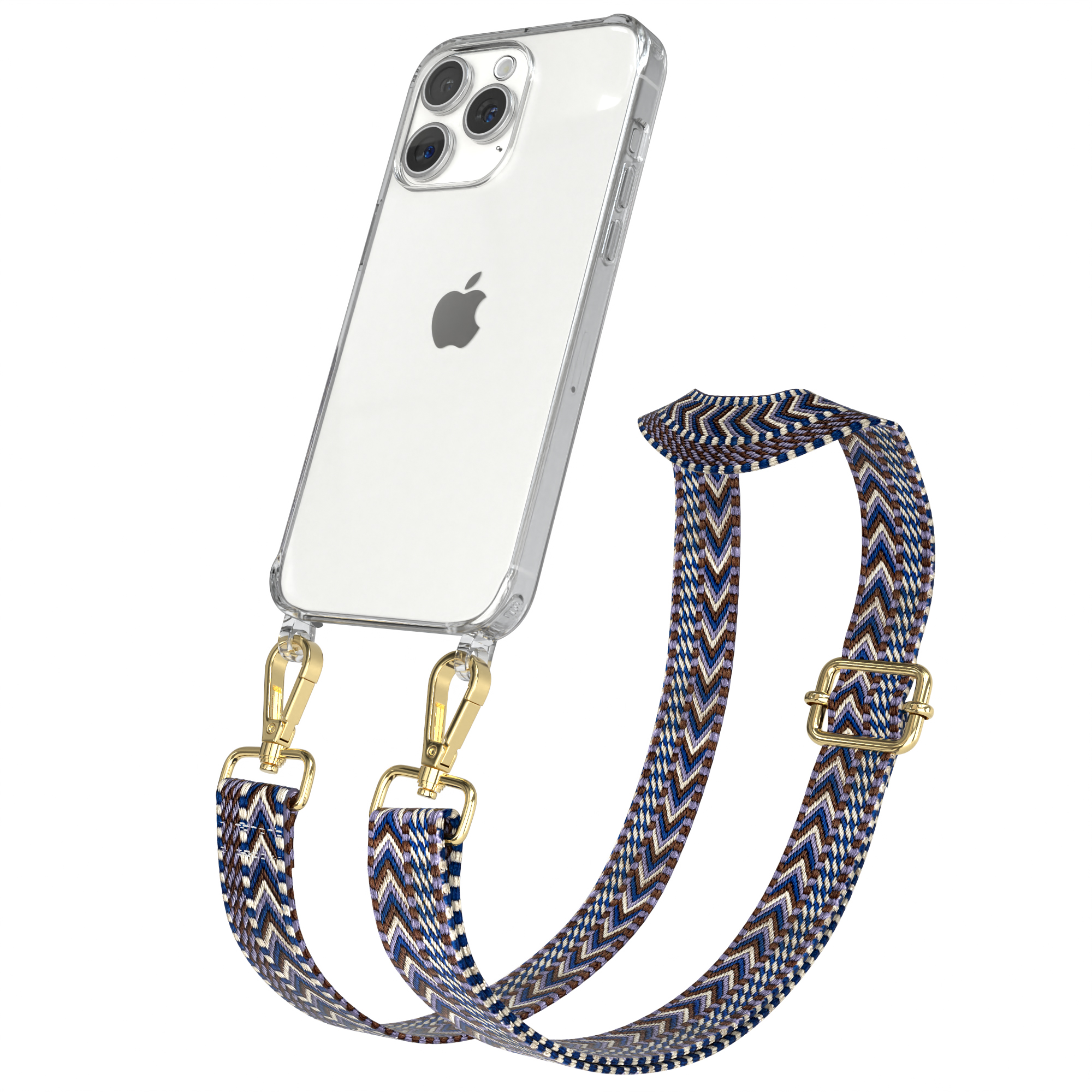 EAZY CASE Transparente Style, Weiß Umhängetasche, mit Pro Handyhülle Max, iPhone Boho Blau / 15 Apple, Kordel
