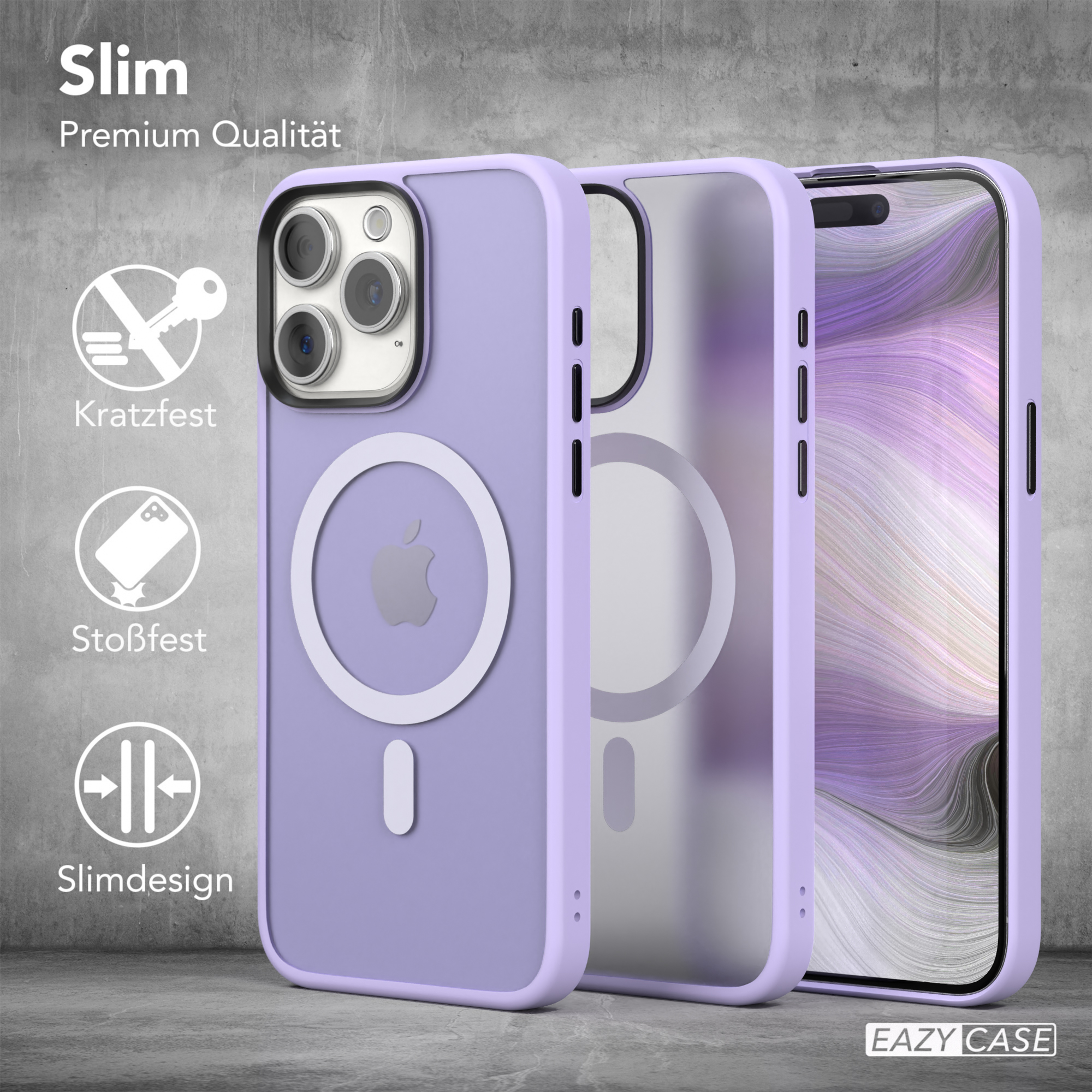 Drei Handyhüllen in Violett. Die Hüllen sind für ein iPhone. Die Verpackung ist gezeigt.