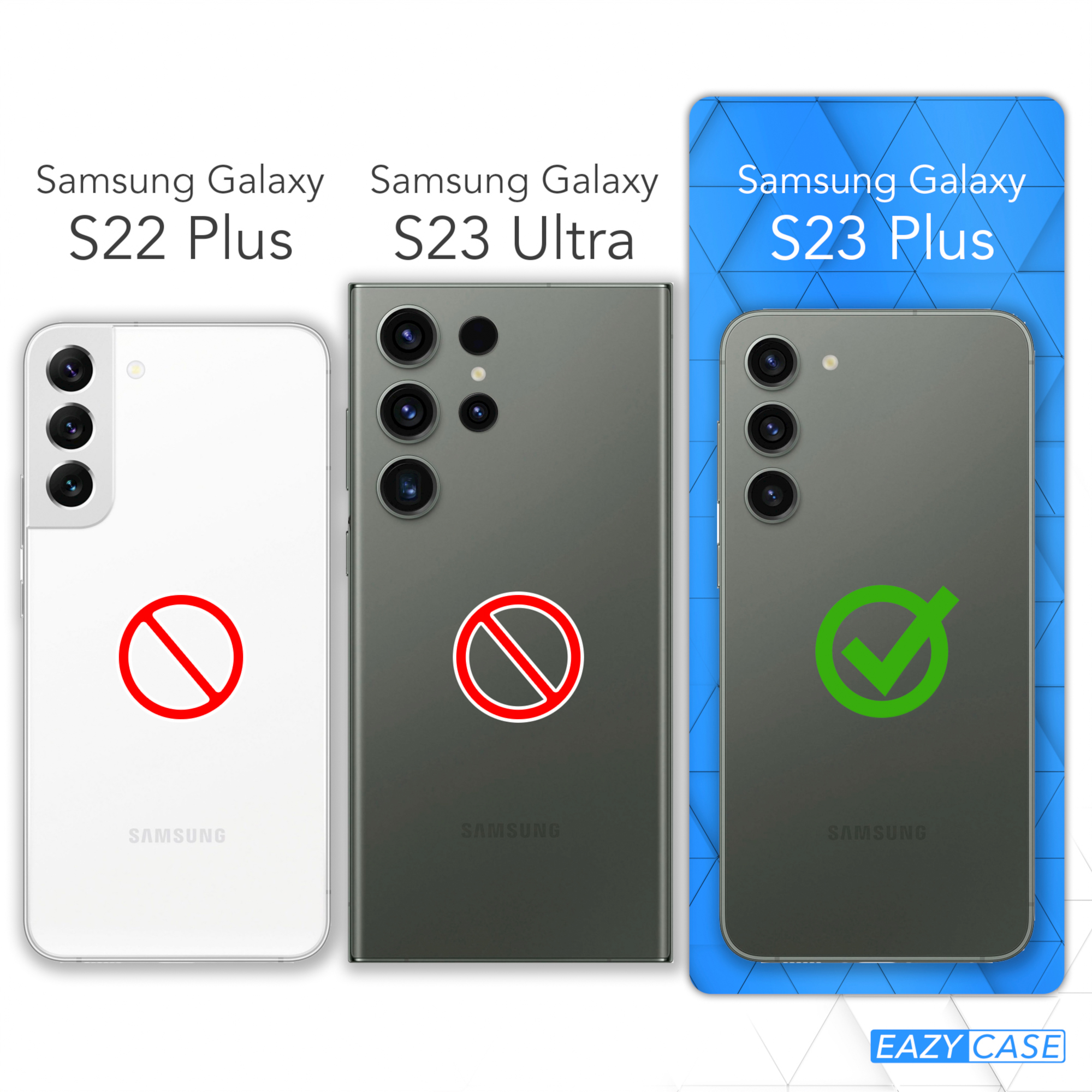 Vergleich von drei Samsung Galaxy-Telefonen, der die Kompatibilität mit einer Hülle zeigt.