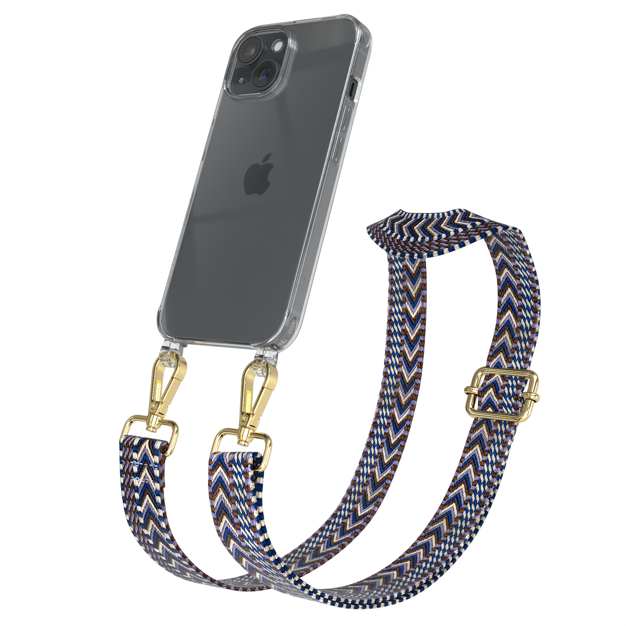 EAZY CASE Transparente Handyhülle mit Apple, Style, Kordel Blau Weiß iPhone Boho / Umhängetasche, 15