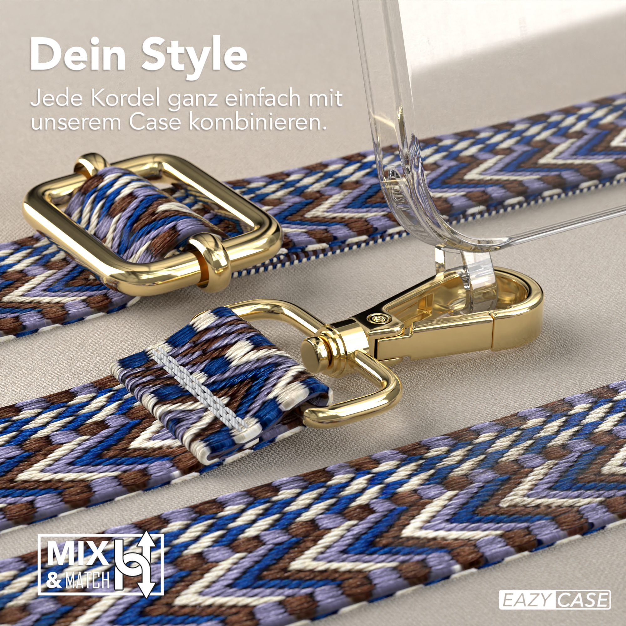 Ein gewebter Riemen mit goldener Hardware, eine transparente Handyhülle und Text: Dein Style.