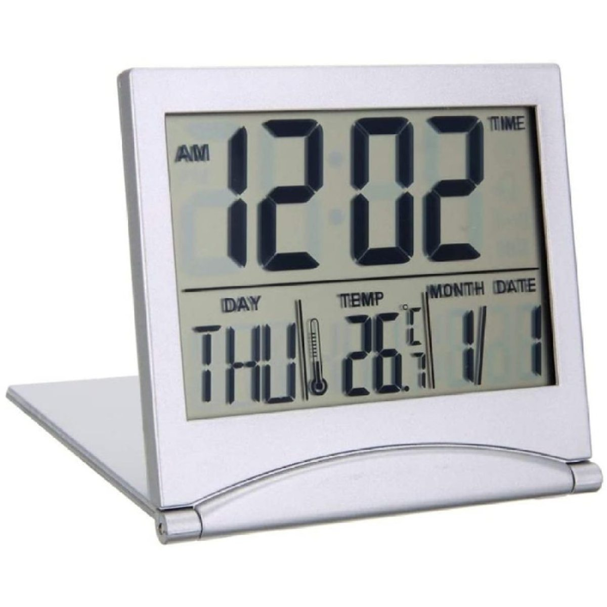 Silberne Digitaluhr mit Anzeige von Zeit, Datum und Temperatur. Sie ist geöffnet und in Frontansicht.