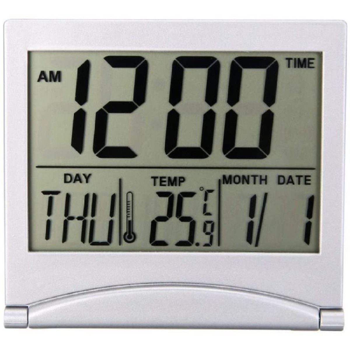 Digitaluhr, die Zeit, Tag, Temperatur und Datum anzeigt.