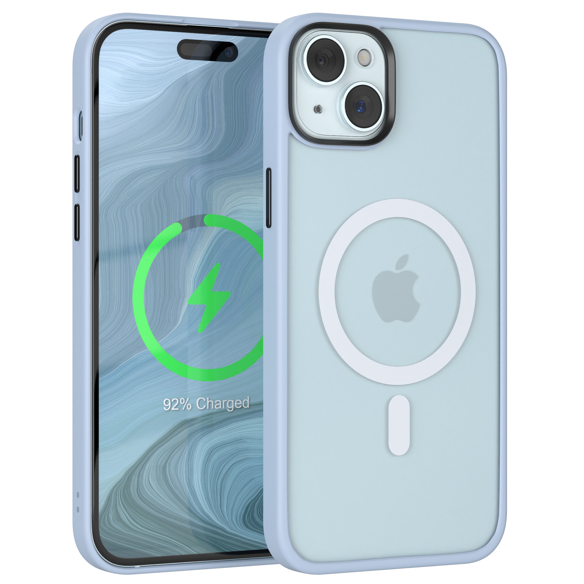 Eine hellblaue Handyhülle mit Apple-Logo auf der Rückseite, mit einem Telefon darin, das einen Ladebildschirm zeigt.