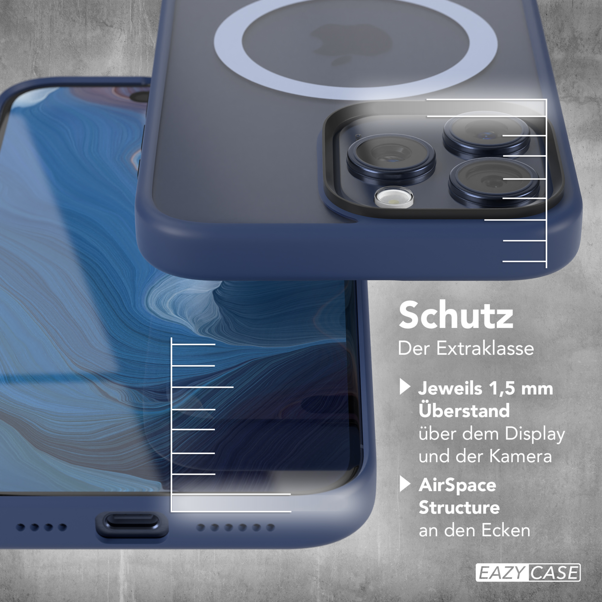 Eine blaue Handyhülle über einem Handy. Text sagt 'Schutz' und Details zur Hülle.