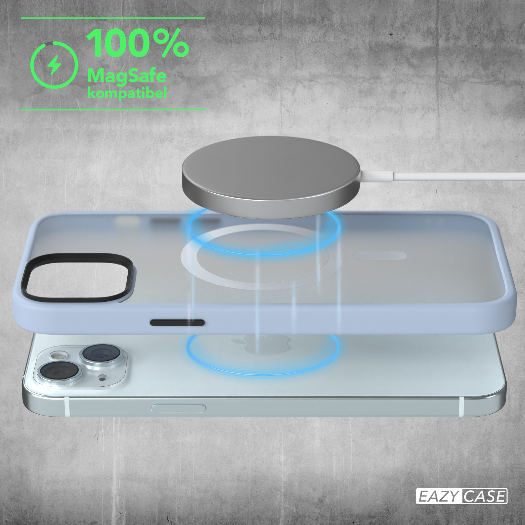 iPhone in einer Hülle mit kabellosem Ladegerät, mit blauem Licht um das Telefon herum.