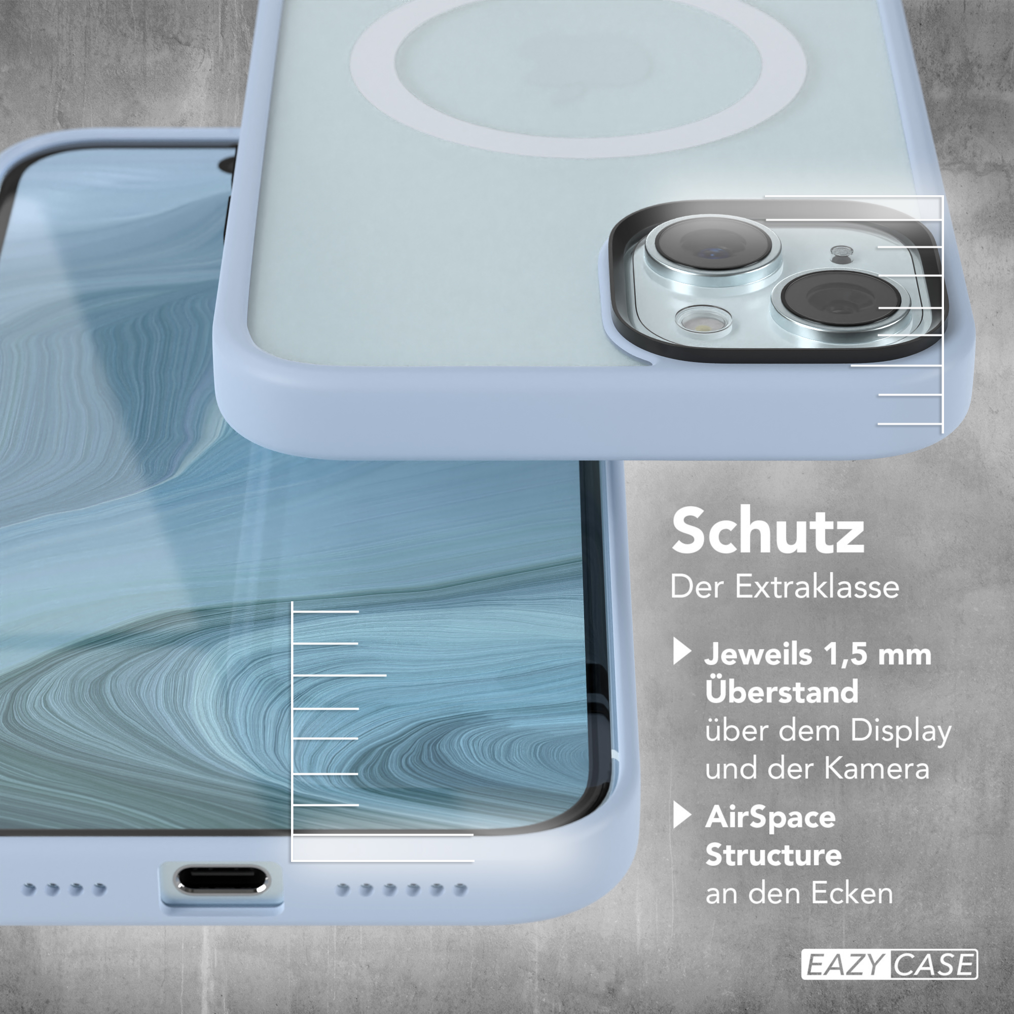 Nahaufnahme einer Handyhülle mit Schutzdesign. Text über den Schutz von Bildschirm und Kamera.
