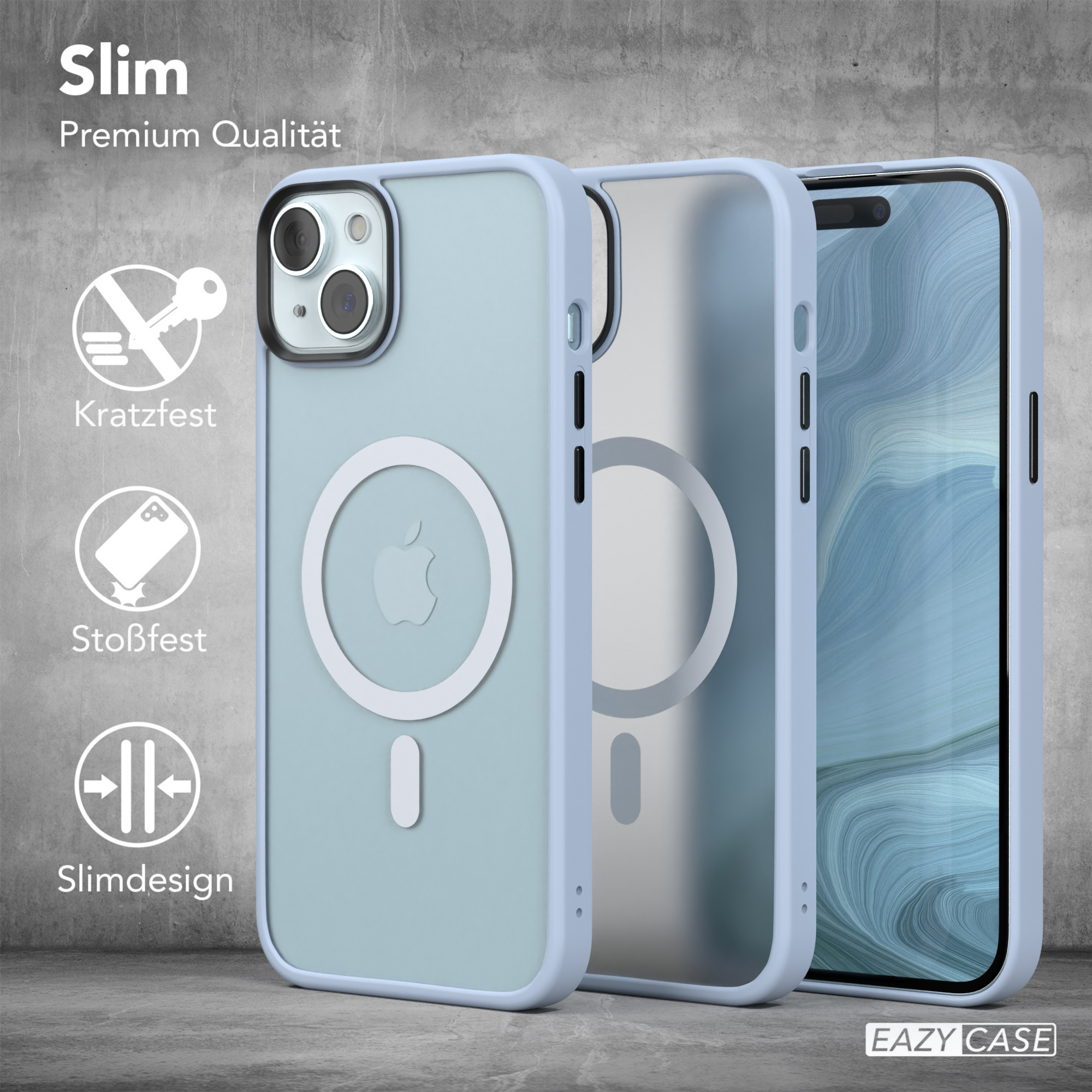 Drei Handyhüllen, blau und transparent, zeigen schlankes Design und MagSafe-Kompatibilität.
