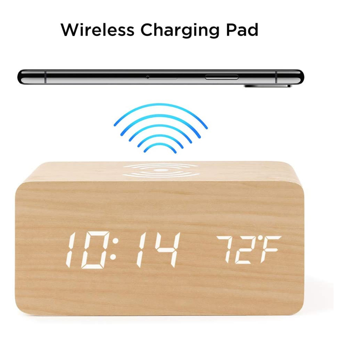 Drahtlose Ladestation aus Holz mit Digitaluhr, die 10:14 und 72F anzeigt. Ein Telefon ist oben.