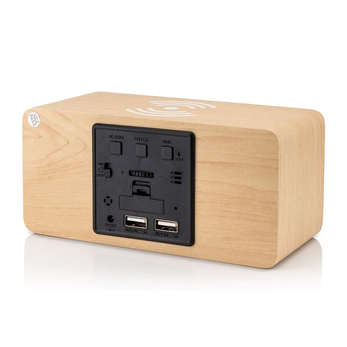 Wecker aus Holz mit Bedienelementen, USB-Anschlüssen und einem Symbol für kabelloses Laden.