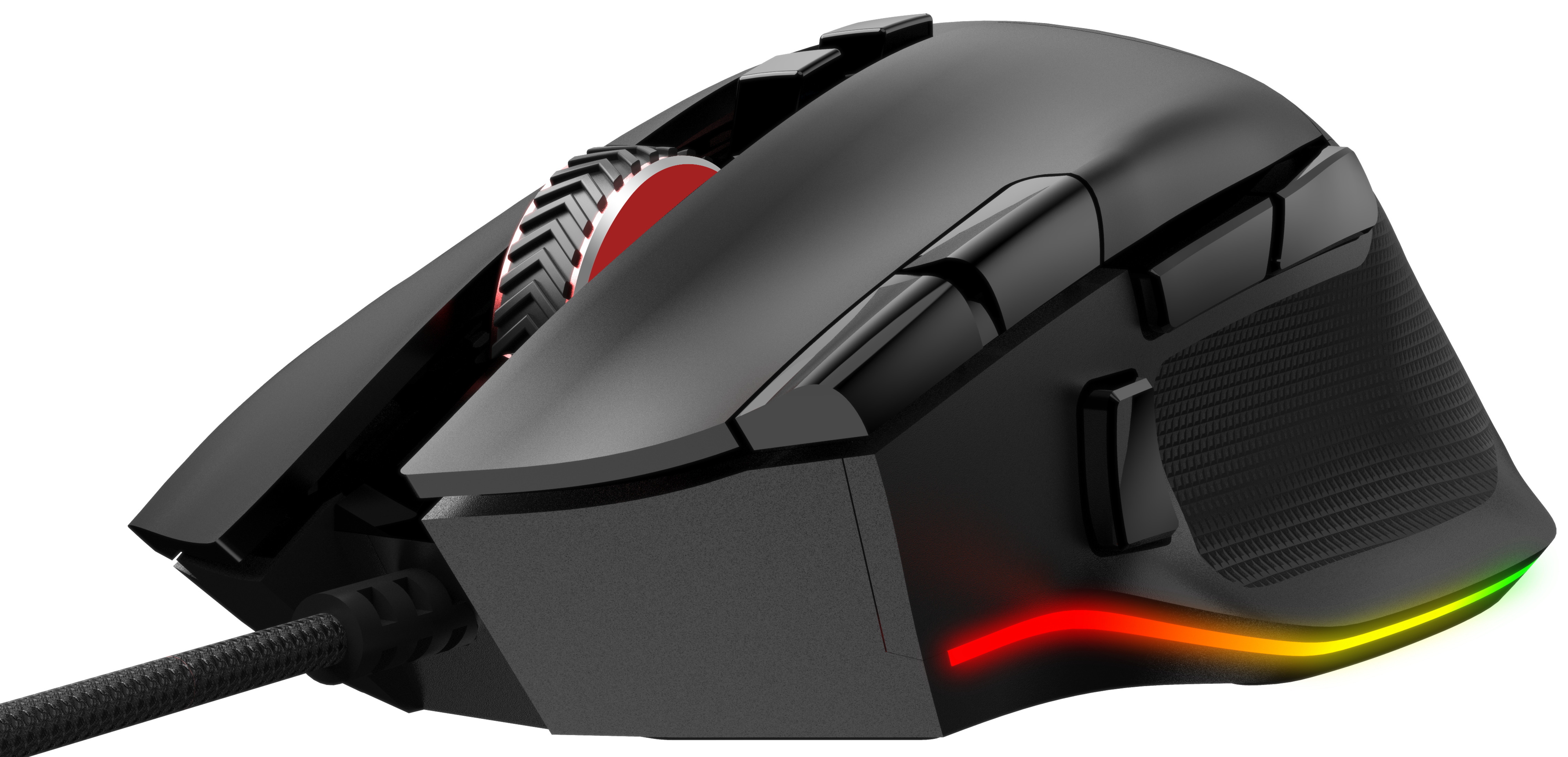 Czarna mysz do gier z czerwonymi i zielonymi światłami.