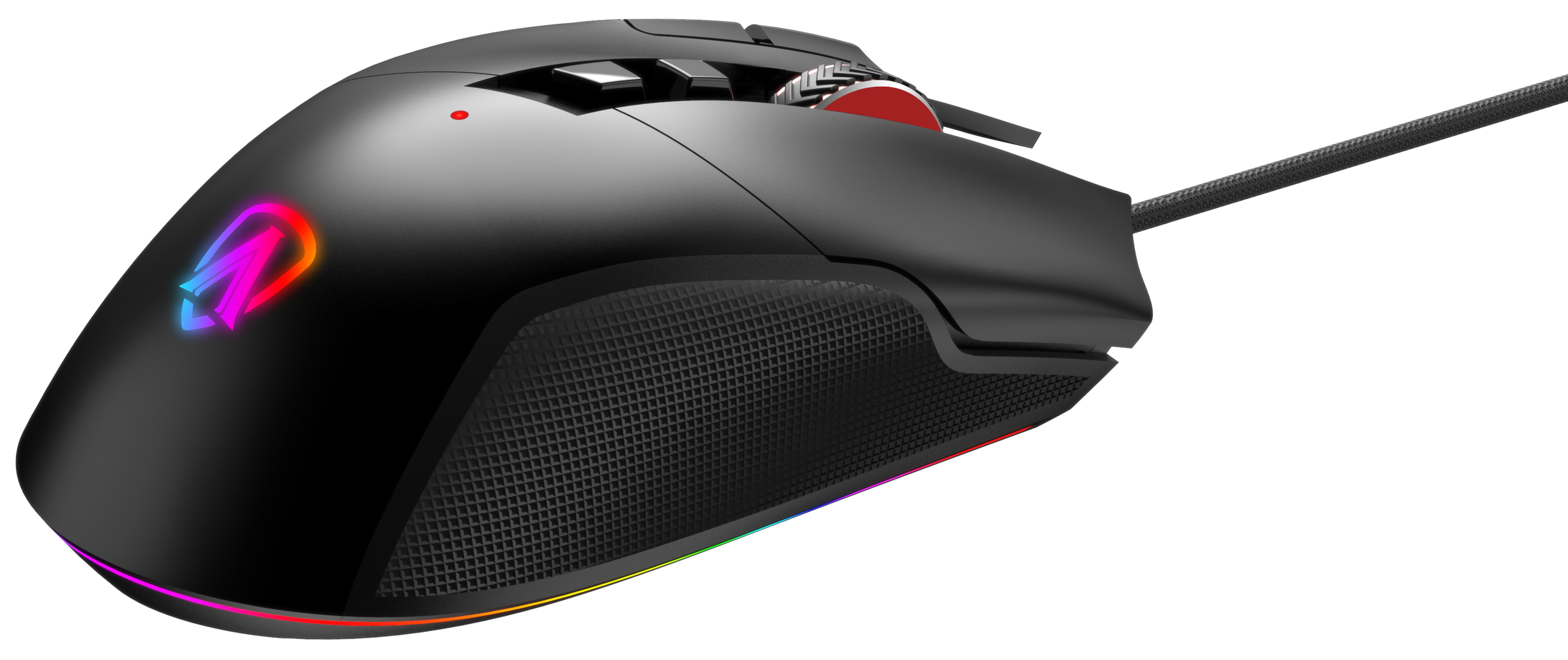 Czarna mysz do gier z oświetleniem RGB i czerwonymi detalami. Białe tło.