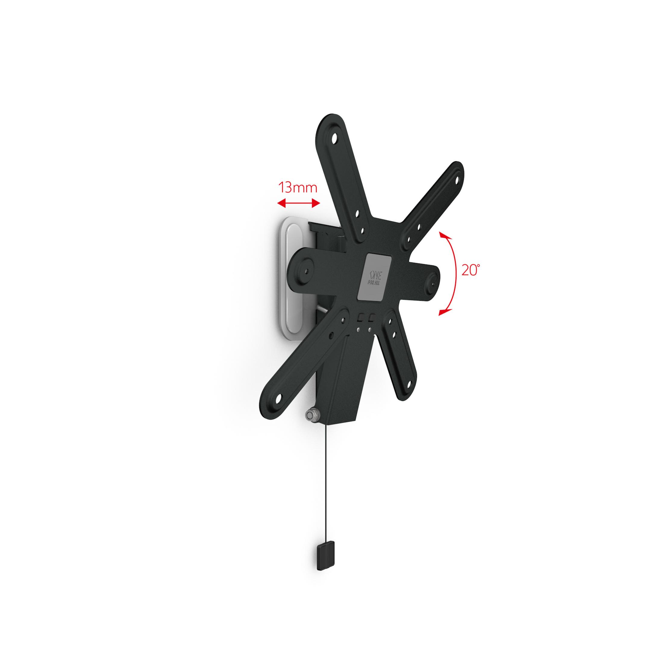 Black TV mount on a white wall. It allows 20 degrees tilt and 13mm distance.