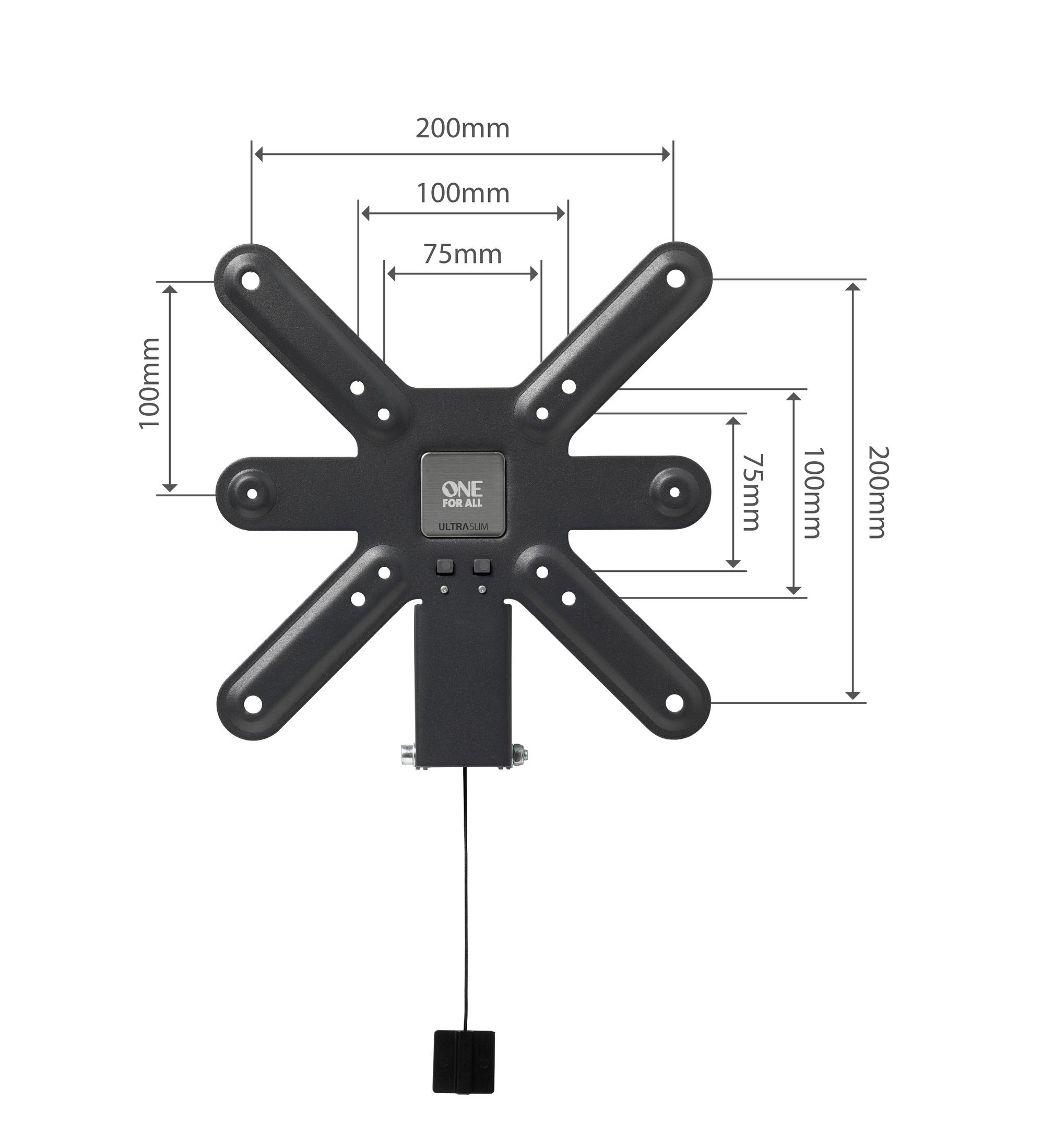 A black TV mount with dimensions labeled. The mount has a cable and a small black box.