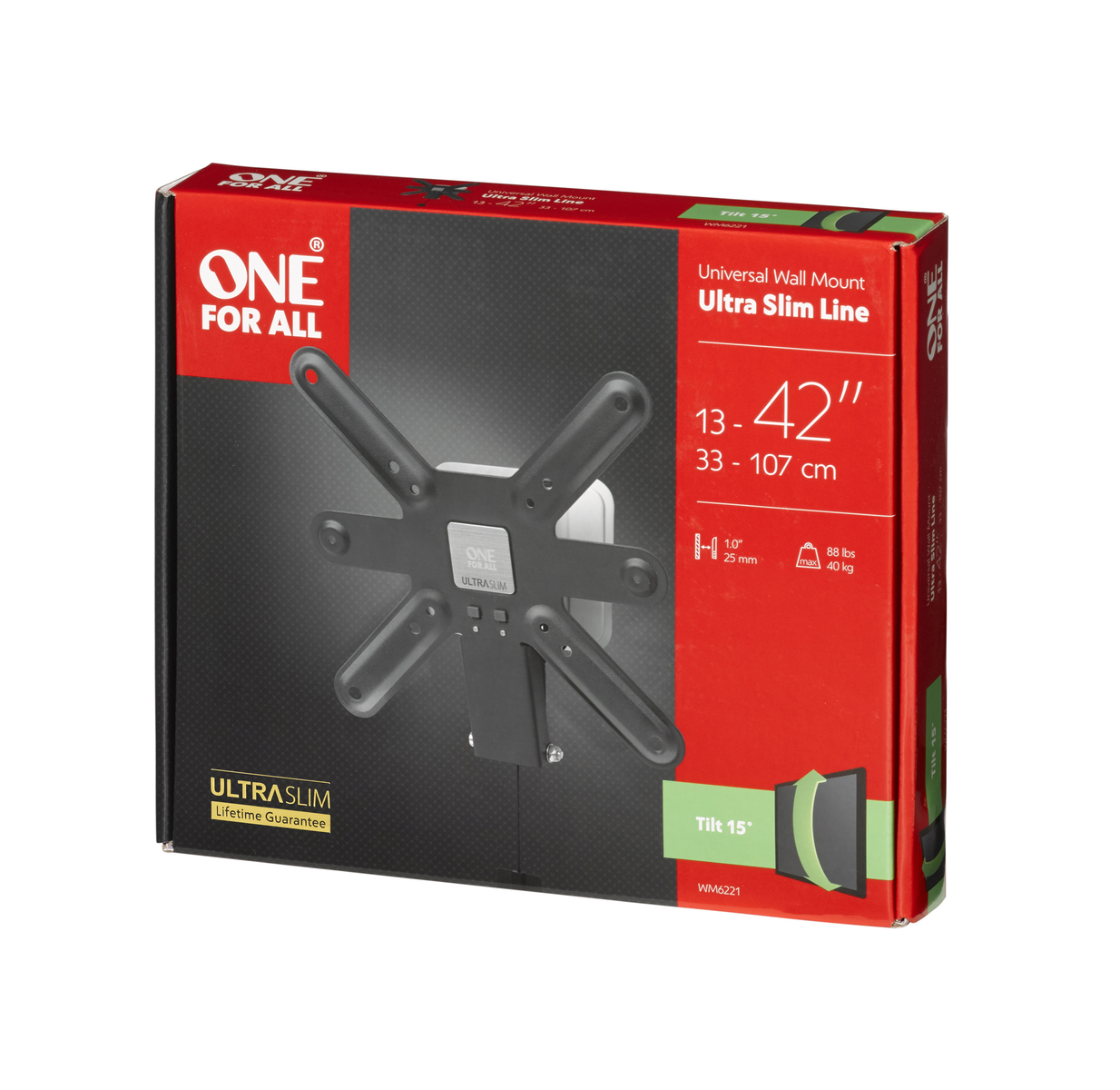 A red and black box with a TV mount inside. Text indicates the size range and the brand ONE FOR ALL.