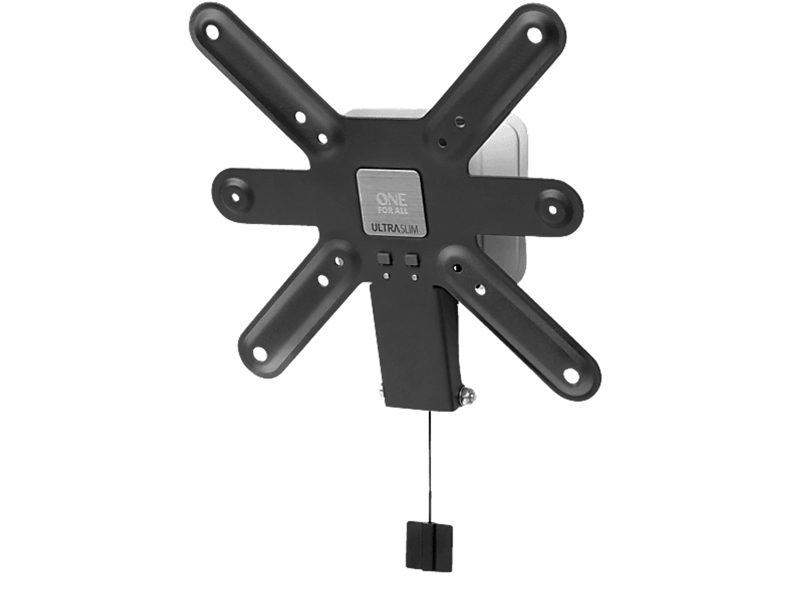 Black TV wall mount with the 'ONE FOR ALL' logo and hanging cord.