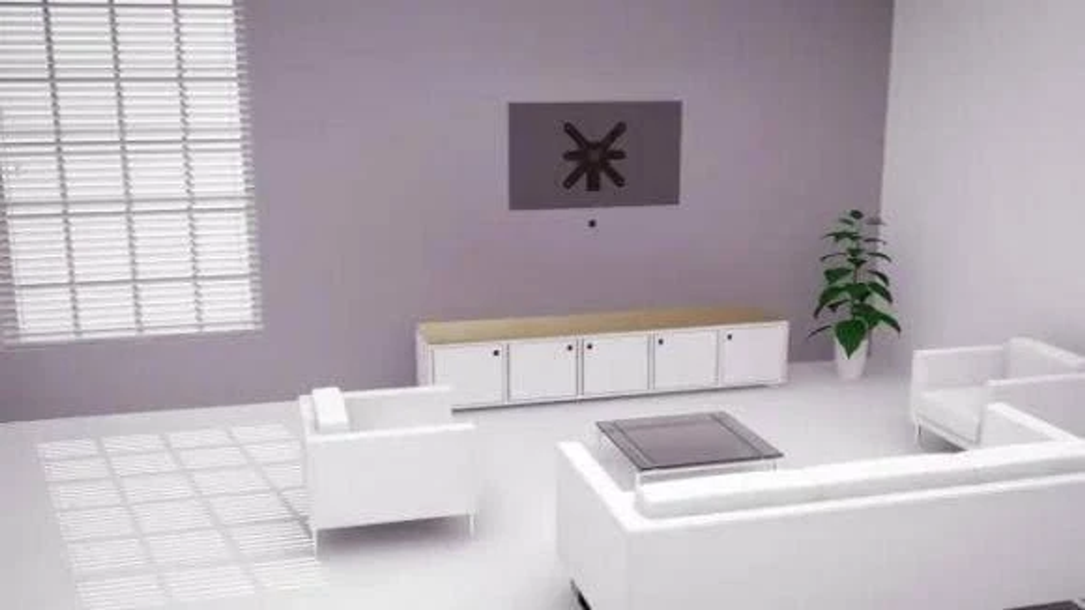 A modern living room with white furniture. A large window with blinds and a TV mounted on the wall.