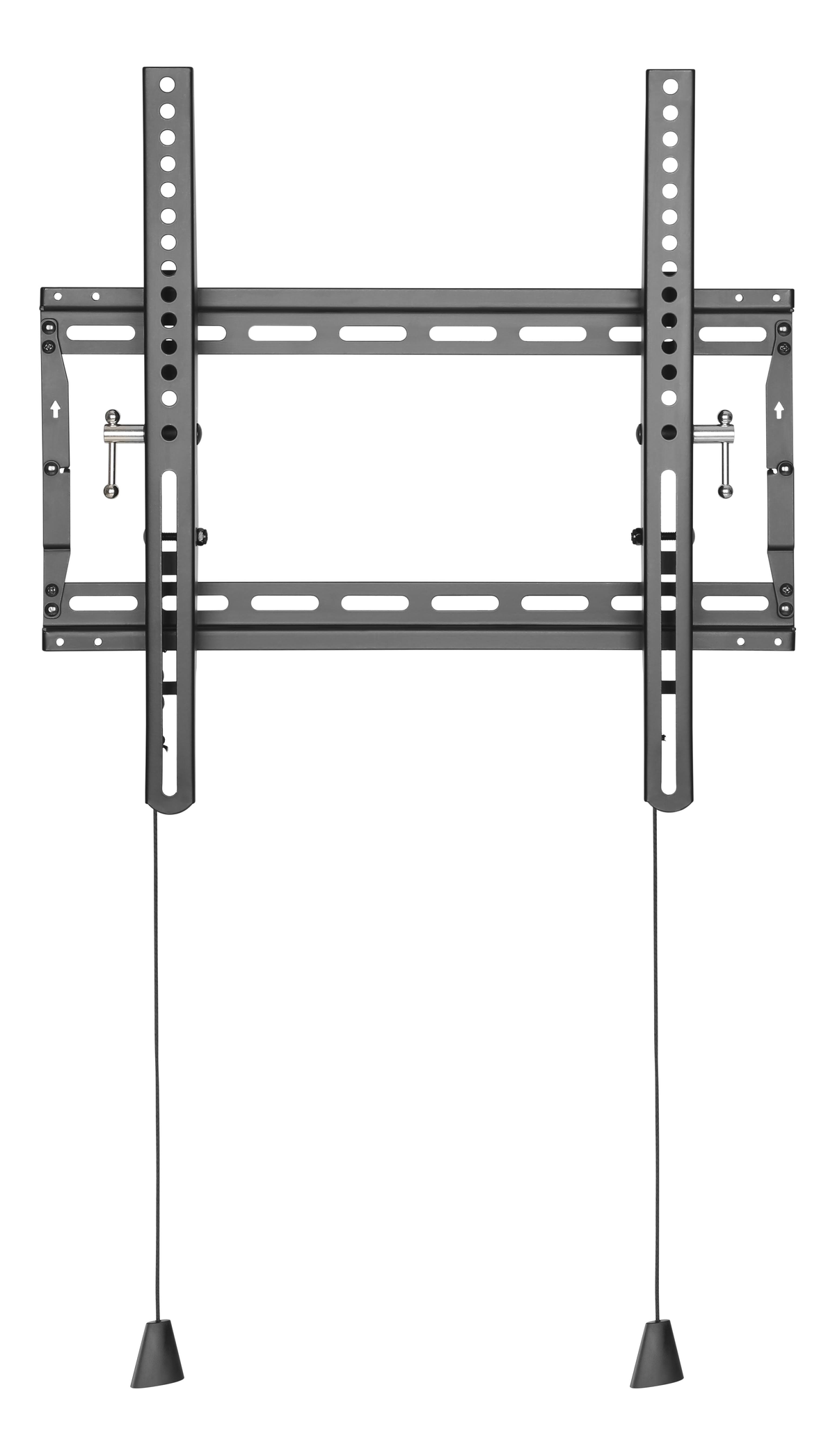 Schwarze TV-Wandhalterung, für Flachbildschirme, mit zwei Aufhängeschnüren und Gewichten.