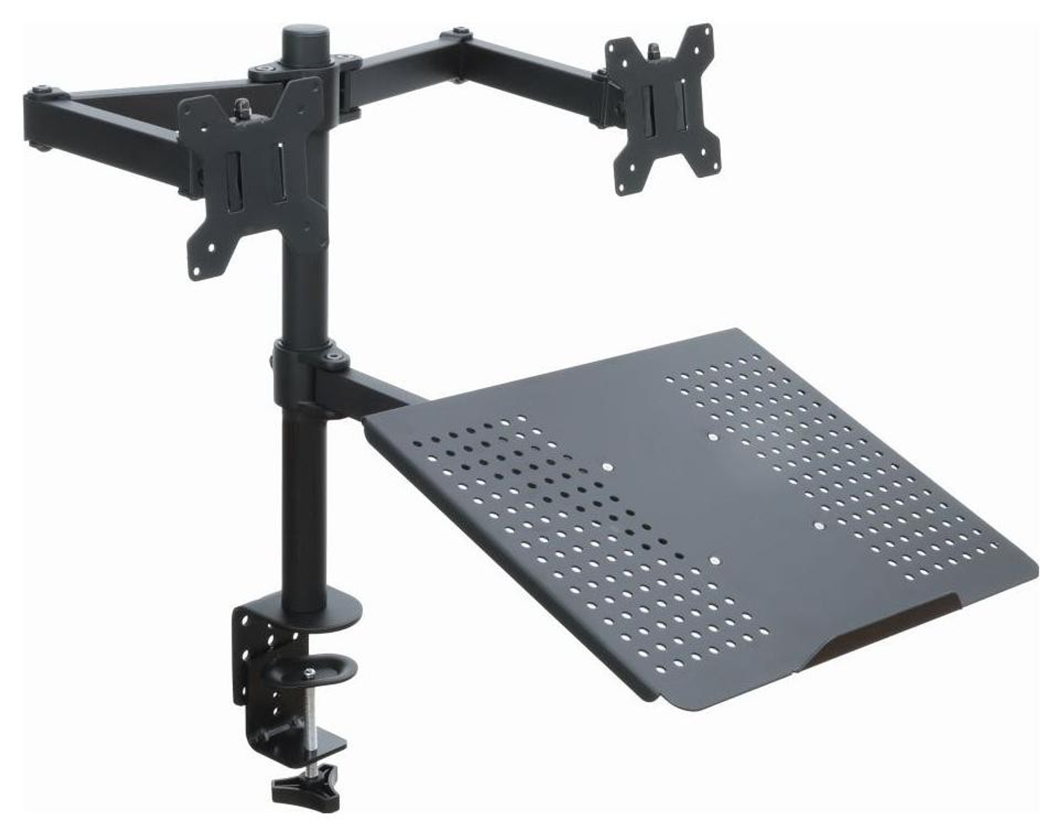 Schwarzer Monitorständer mit Laptopablage. Mit Tischklemmenfuß.